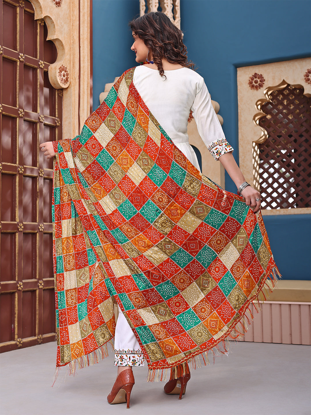 Elegant White Cotton Embroidered Kurta Set with Colorful Bandhani Print Dupatta – Festive & Casual Wear