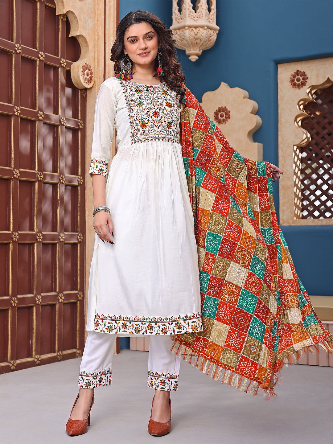 Elegant White Cotton Embroidered Kurta Set with Colorful Bandhani Print Dupatta – Festive & Casual Wear