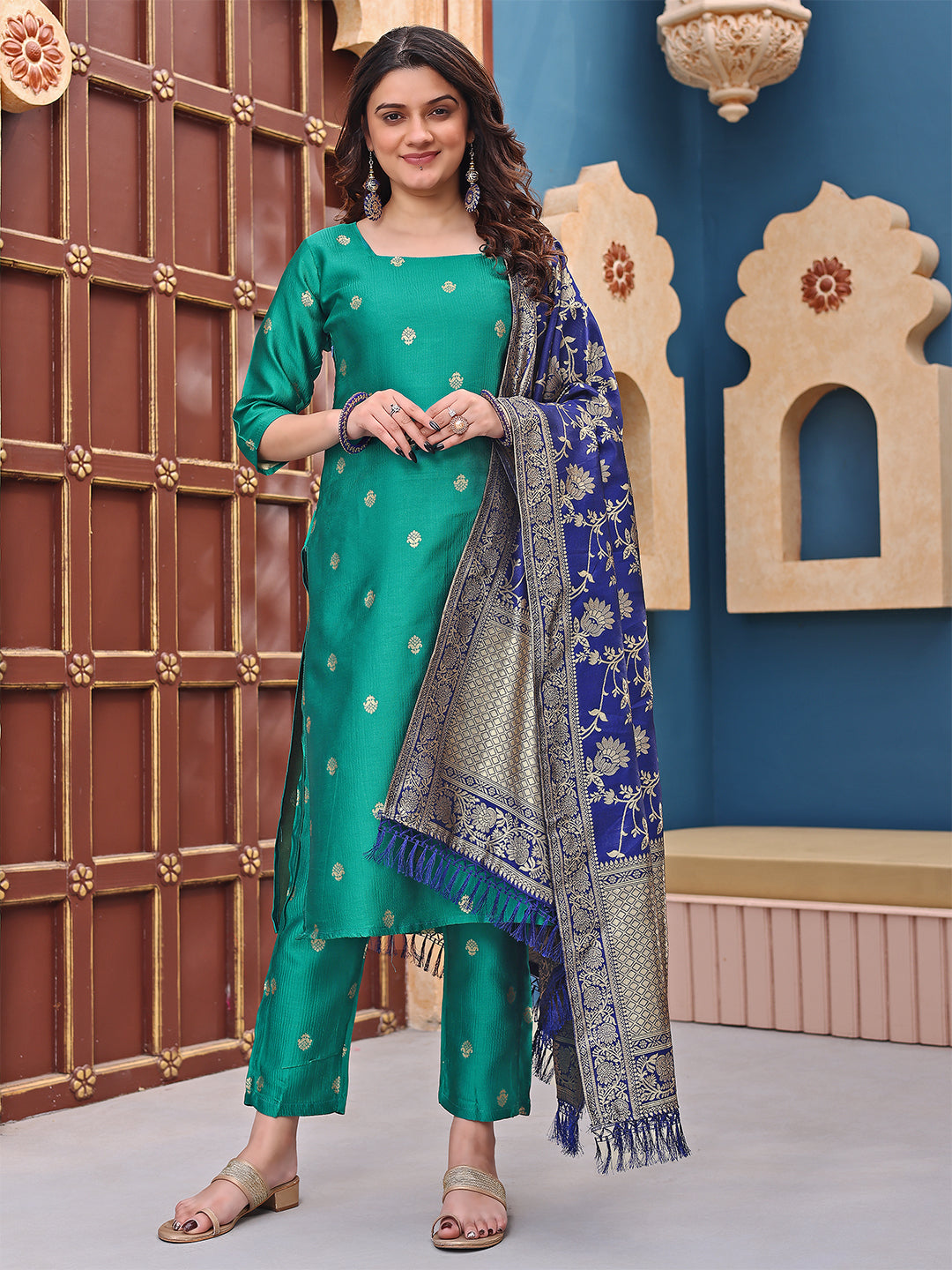 Teal Green Silk Straight Kurta Set with Brocade Pants and Royal Blue Banarasi Dupatta