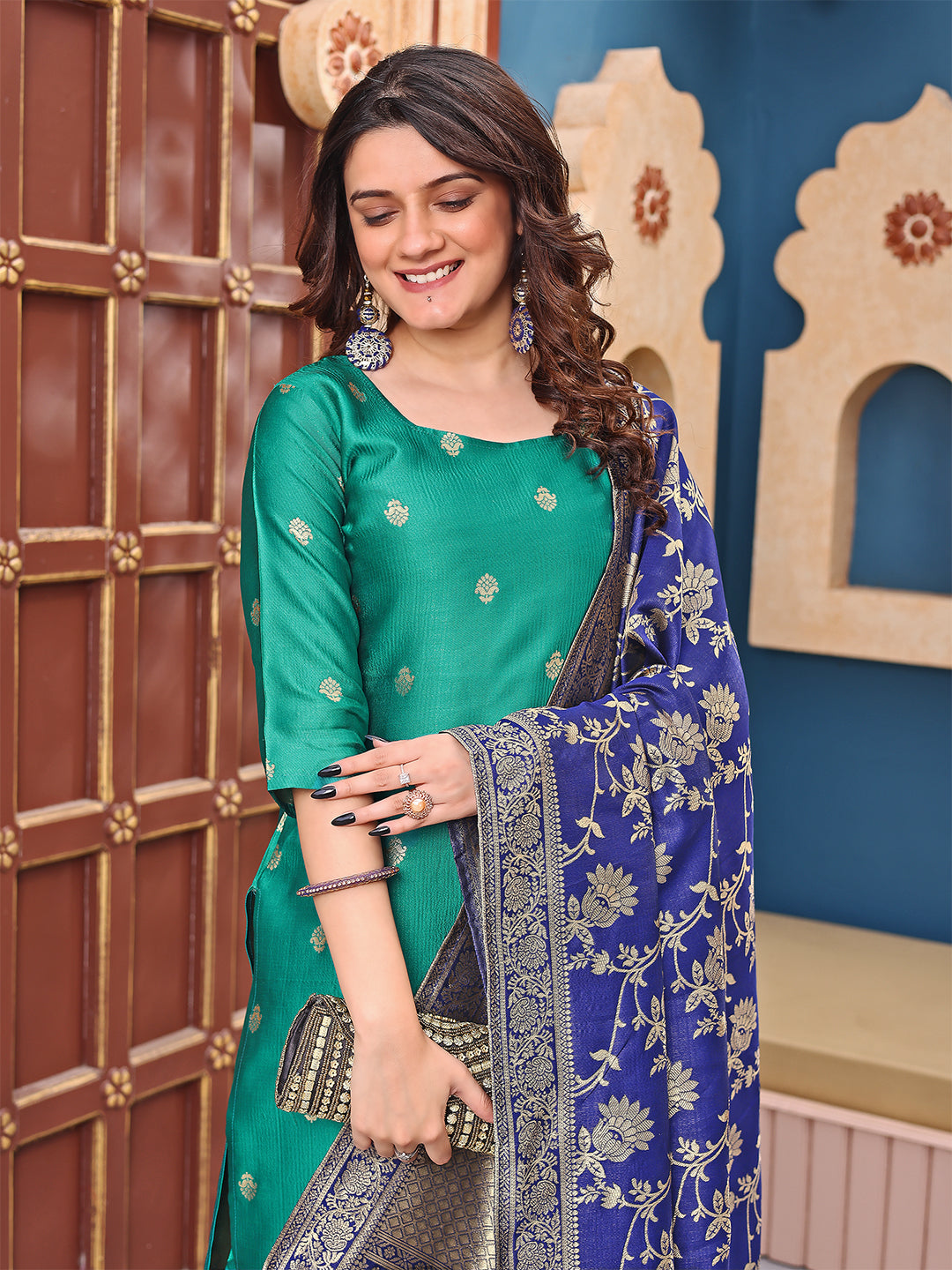 Teal Green Silk Straight Kurta Set with Brocade Pants and Royal Blue Banarasi Dupatta