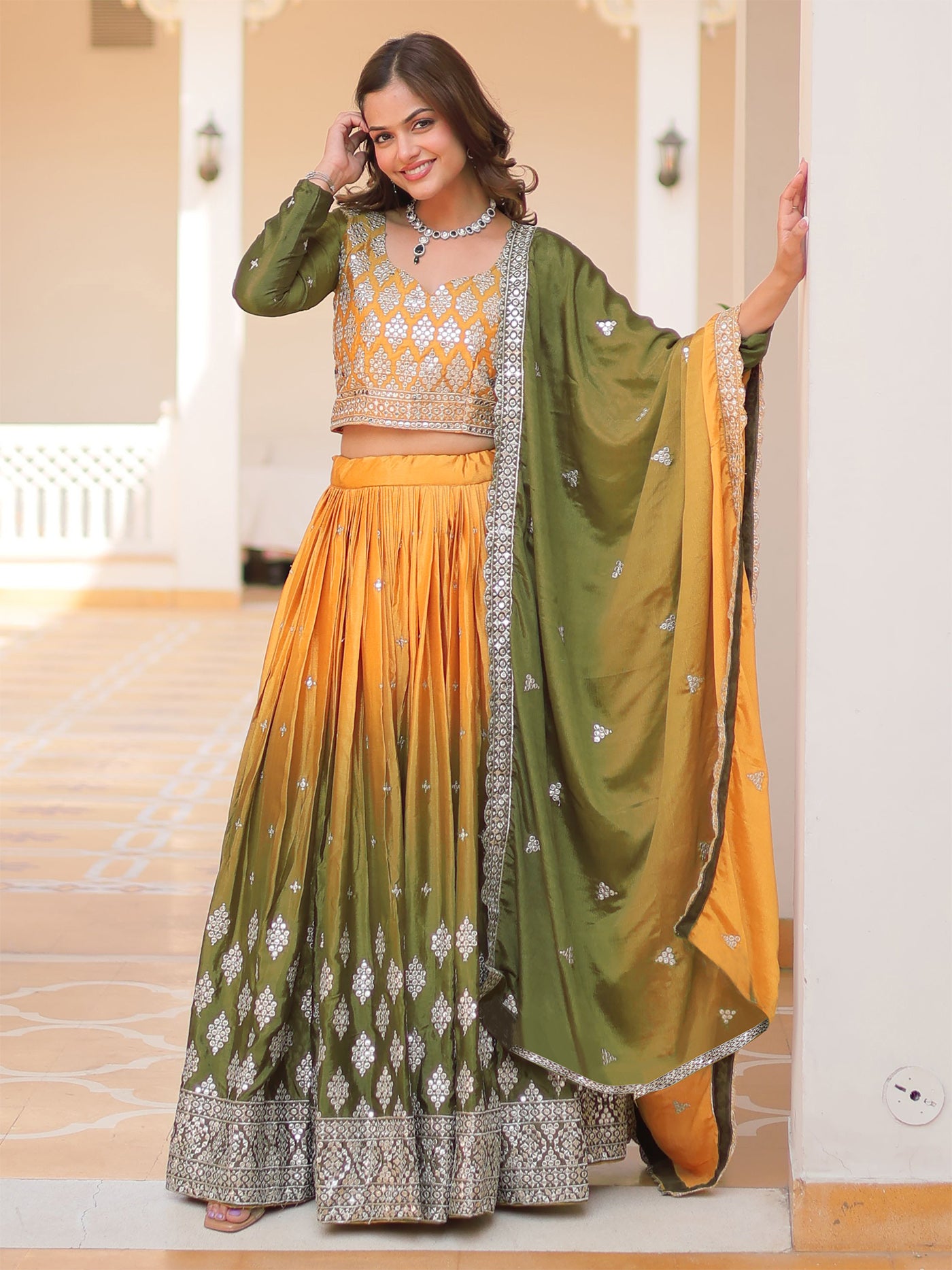 Embllished Semi Stitched Lehenga Choli (Green,Yellow)