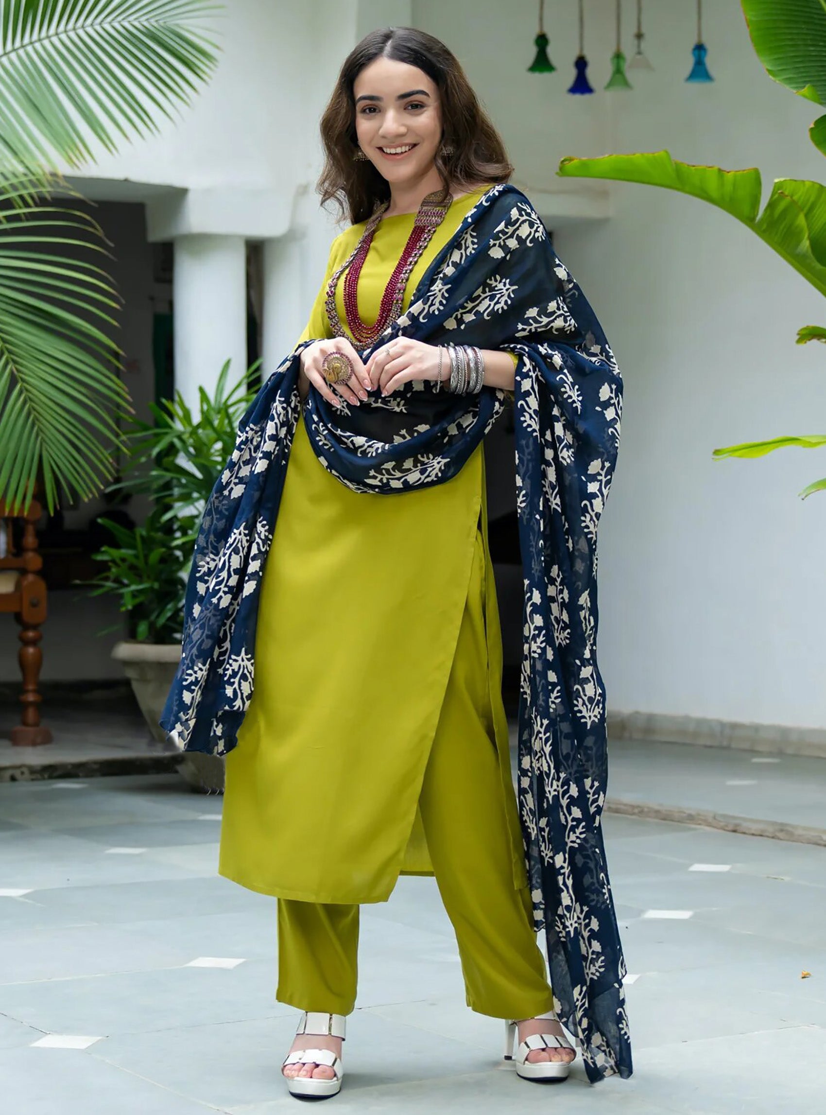 Lime Green Straight Kurta Set with Printed Navy Dupatta – Ethnic Fusion Wear