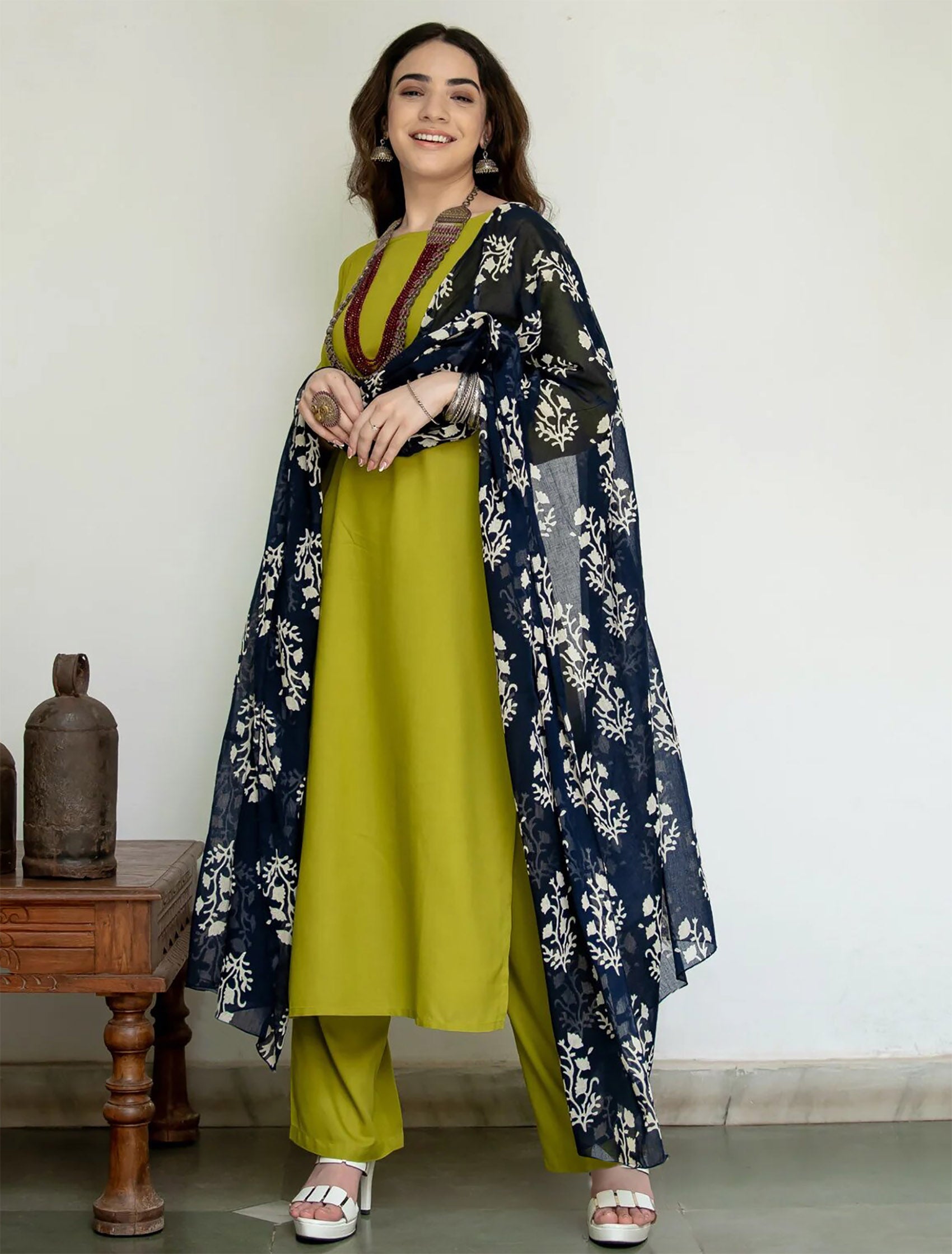 Lime Green Straight Kurta Set with Printed Navy Dupatta – Ethnic Fusion Wear