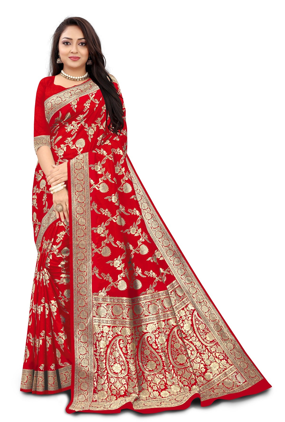 Elegant Red Banarasi Silk Saree with Golden Zari Floral and Paisley Weaving