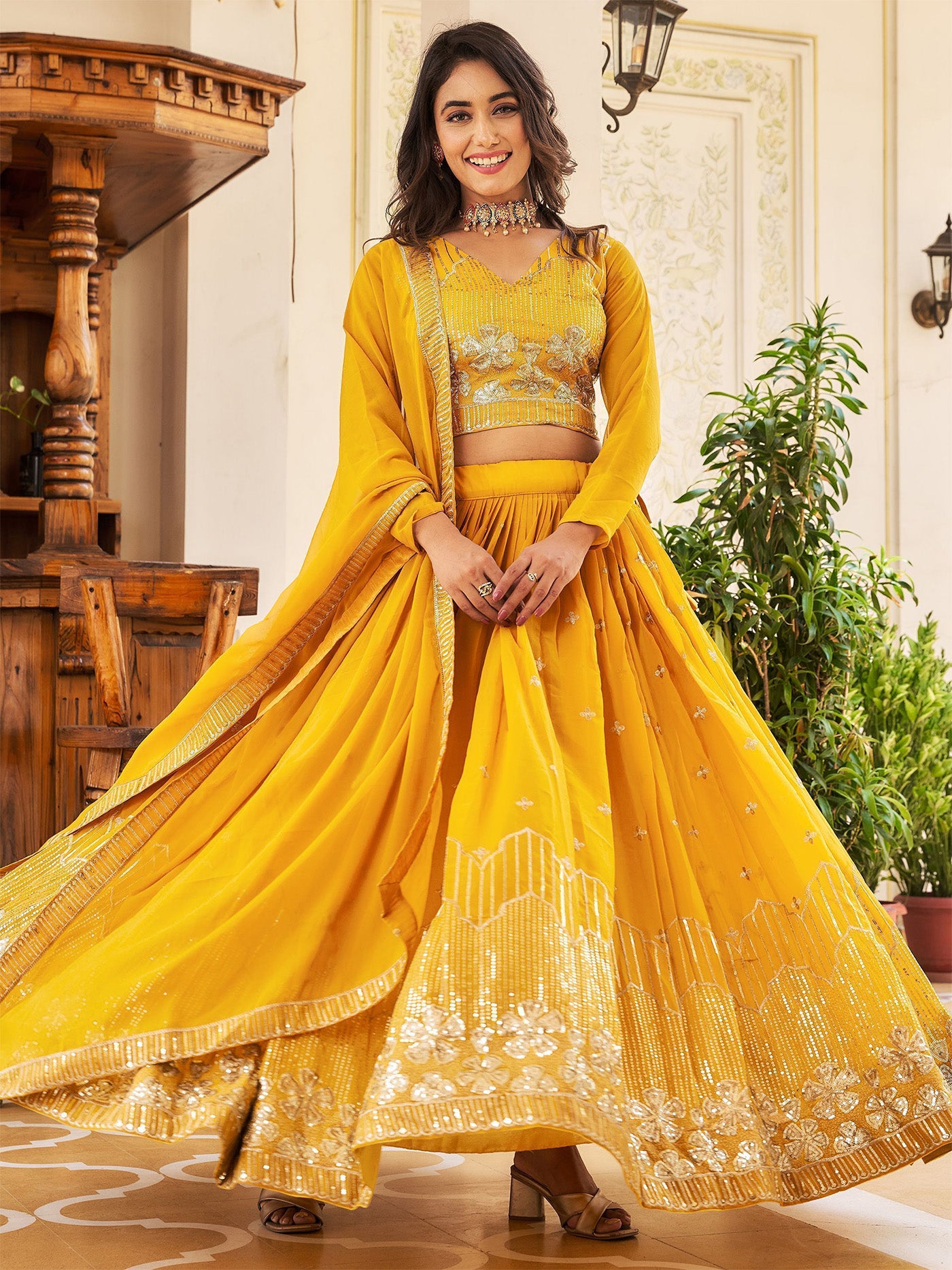 Embllished Semi Stitched Lehenga Choli (Yellow)