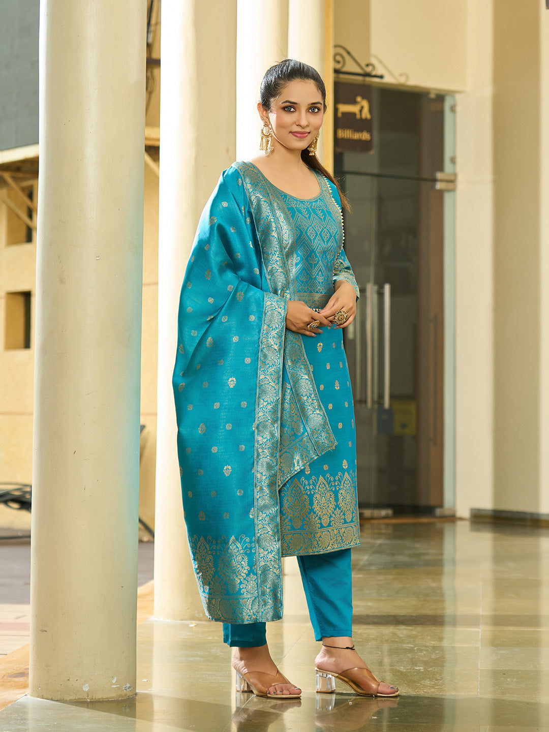 Sky Blue Banarasi Silk Salwar Suit with Zari Work – Sandhya Collection