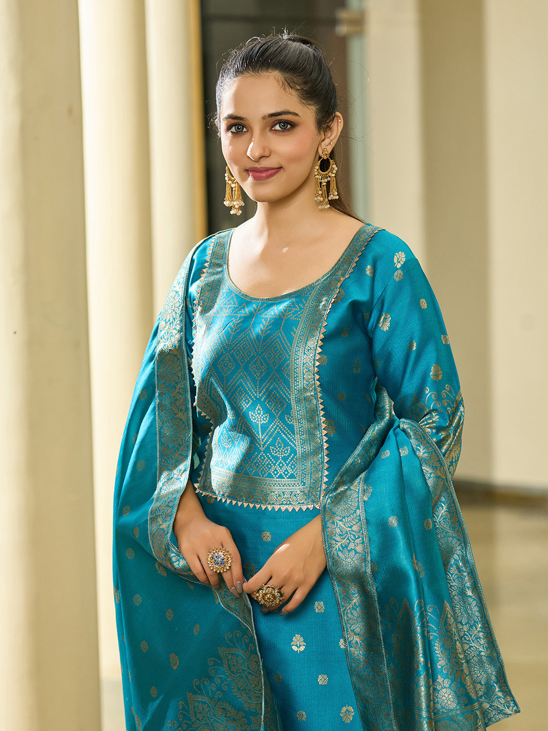 Sky Blue Banarasi Silk Salwar Suit with Zari Work – Sandhya Collection