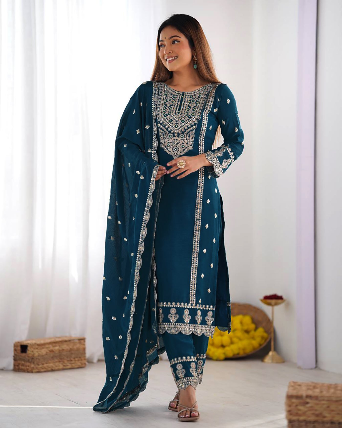 Women Silk Kurta Pant Dupatta Set