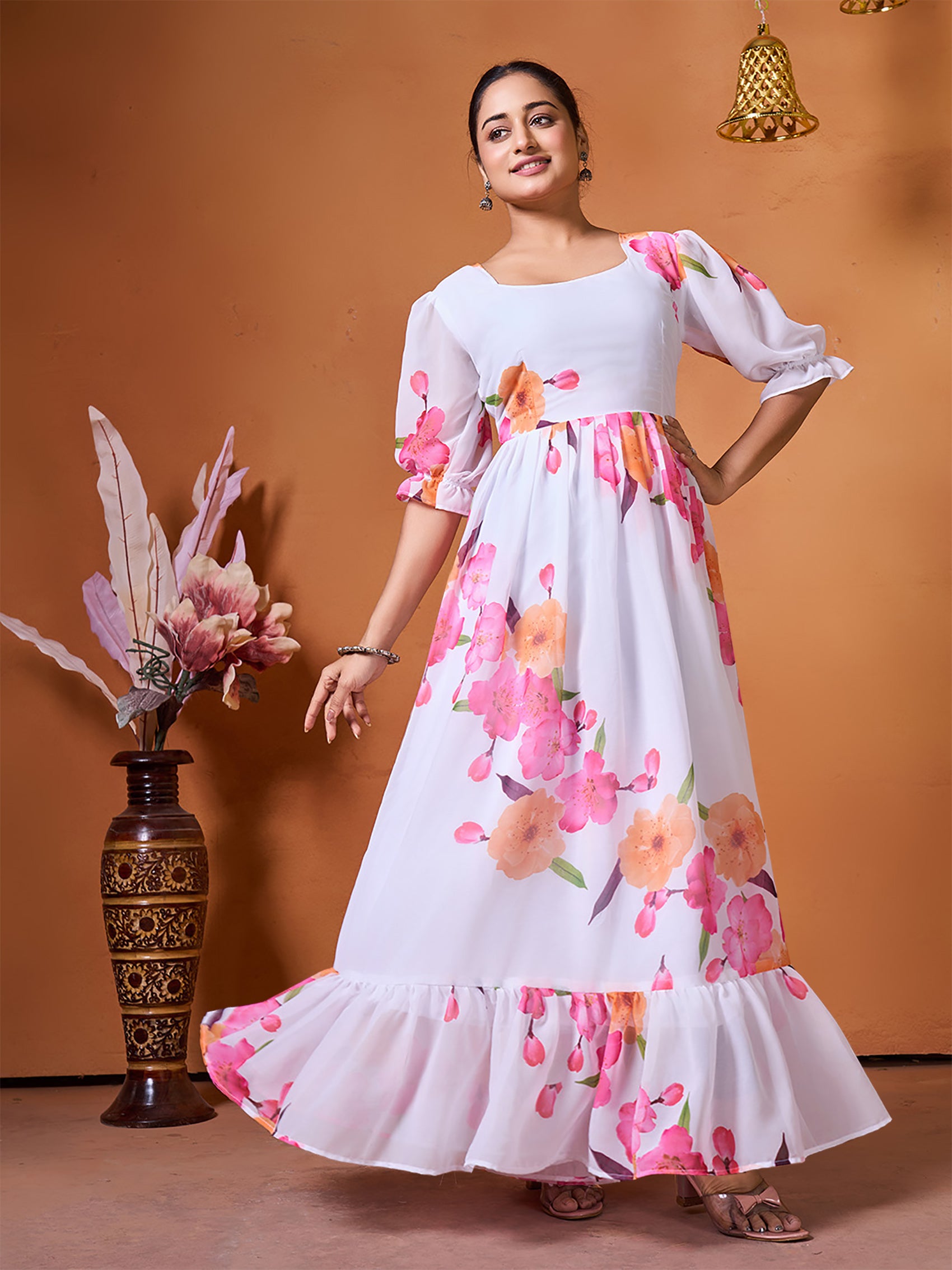 Women's White Floral Printed Maxi Dress with Puff Sleeves and Ruffled Hem