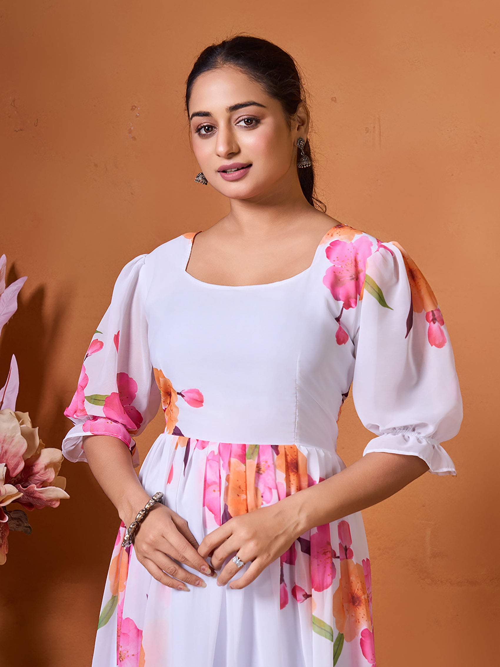 Women's White Floral Printed Maxi Dress with Puff Sleeves and Ruffled Hem