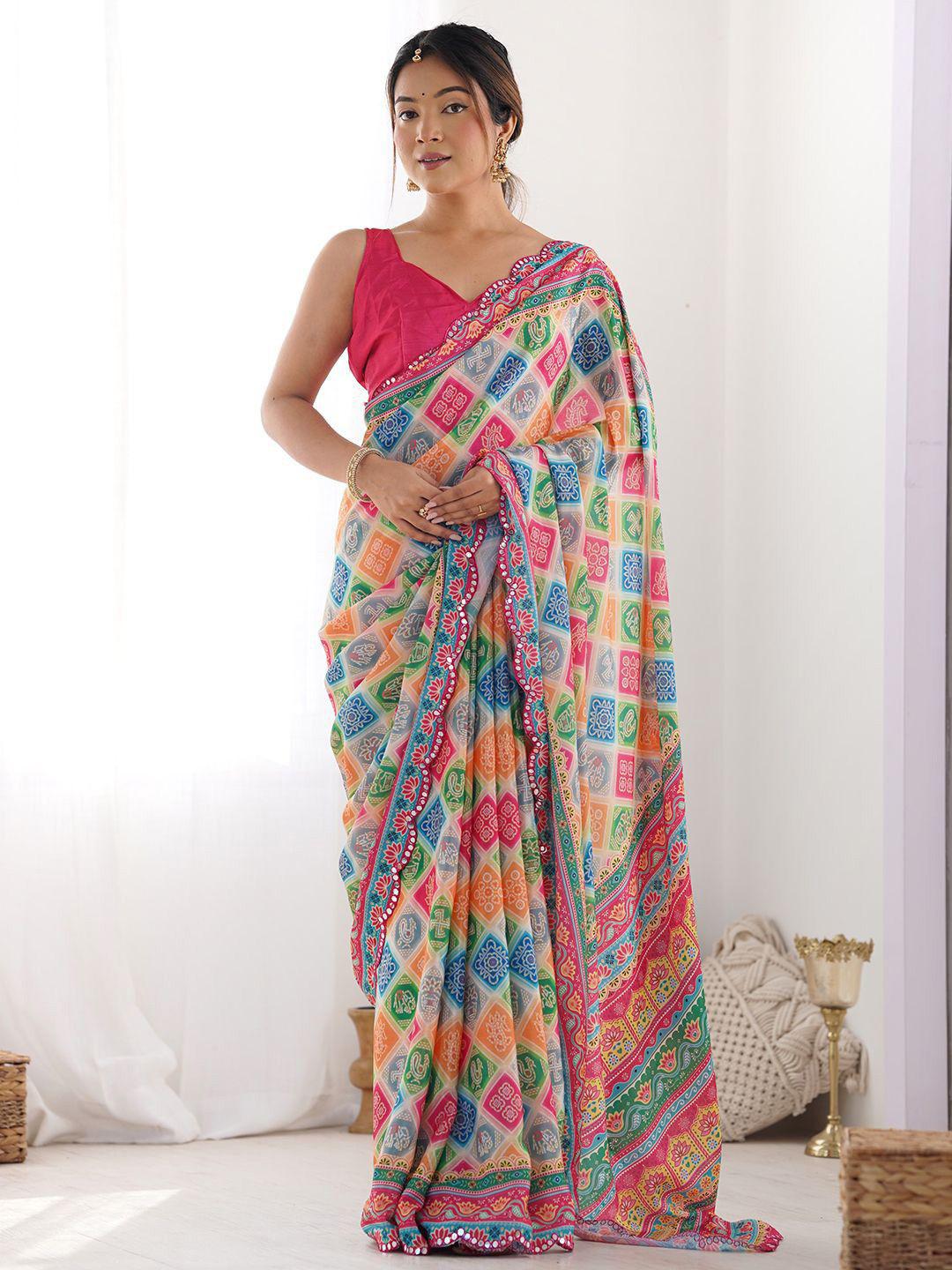 Traditional Red Bandhani Print Saree with Ethnic Motifs and Sleeveless Blouse