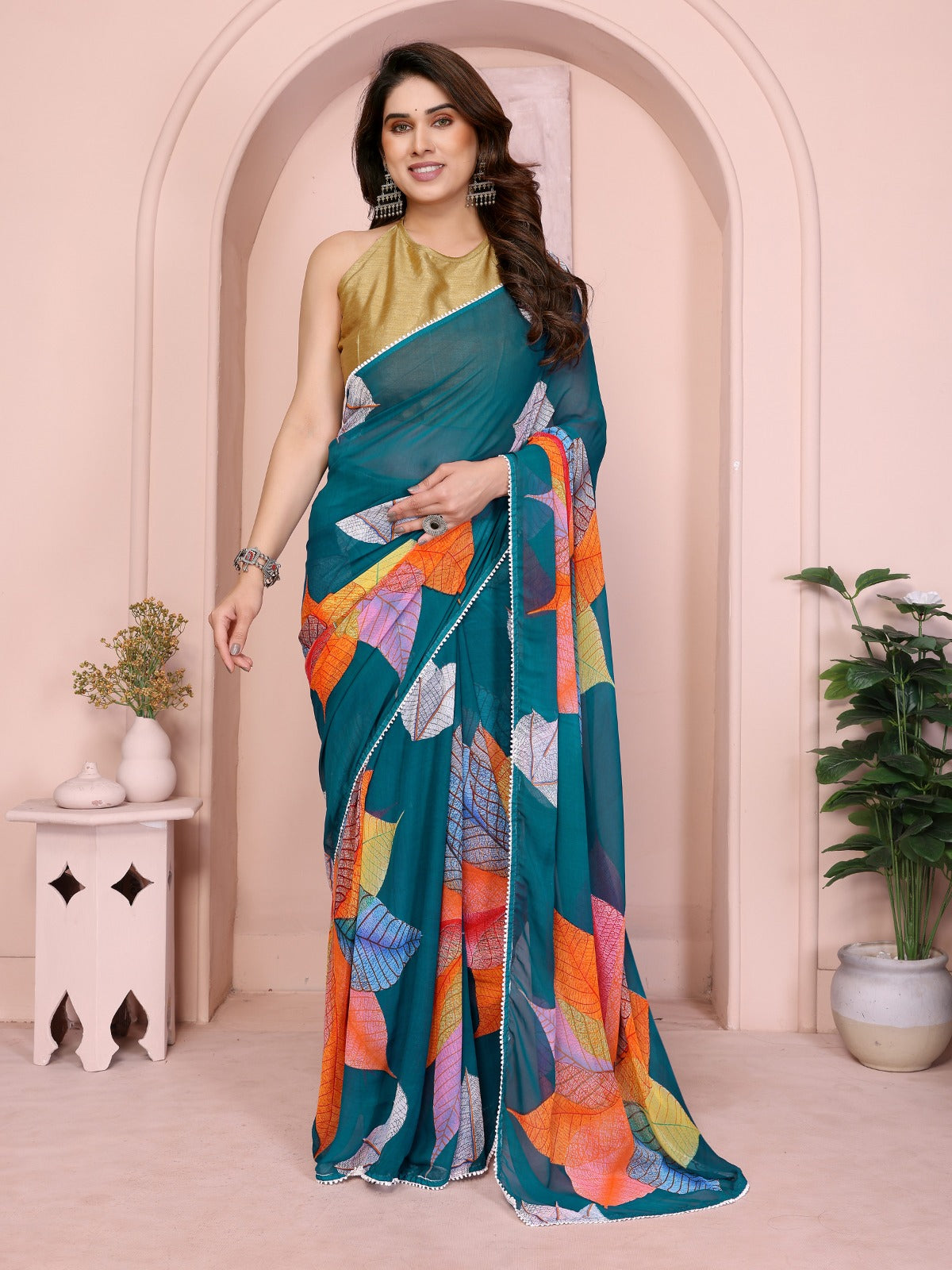 Elegant Maroon Georgette Saree with Multicolor Leaf Print & Golden Blouse