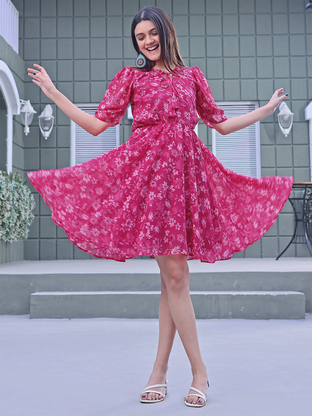 Women's Floral Puff Sleeve A-Line Dress – Knee-Length Casual Summer Wear