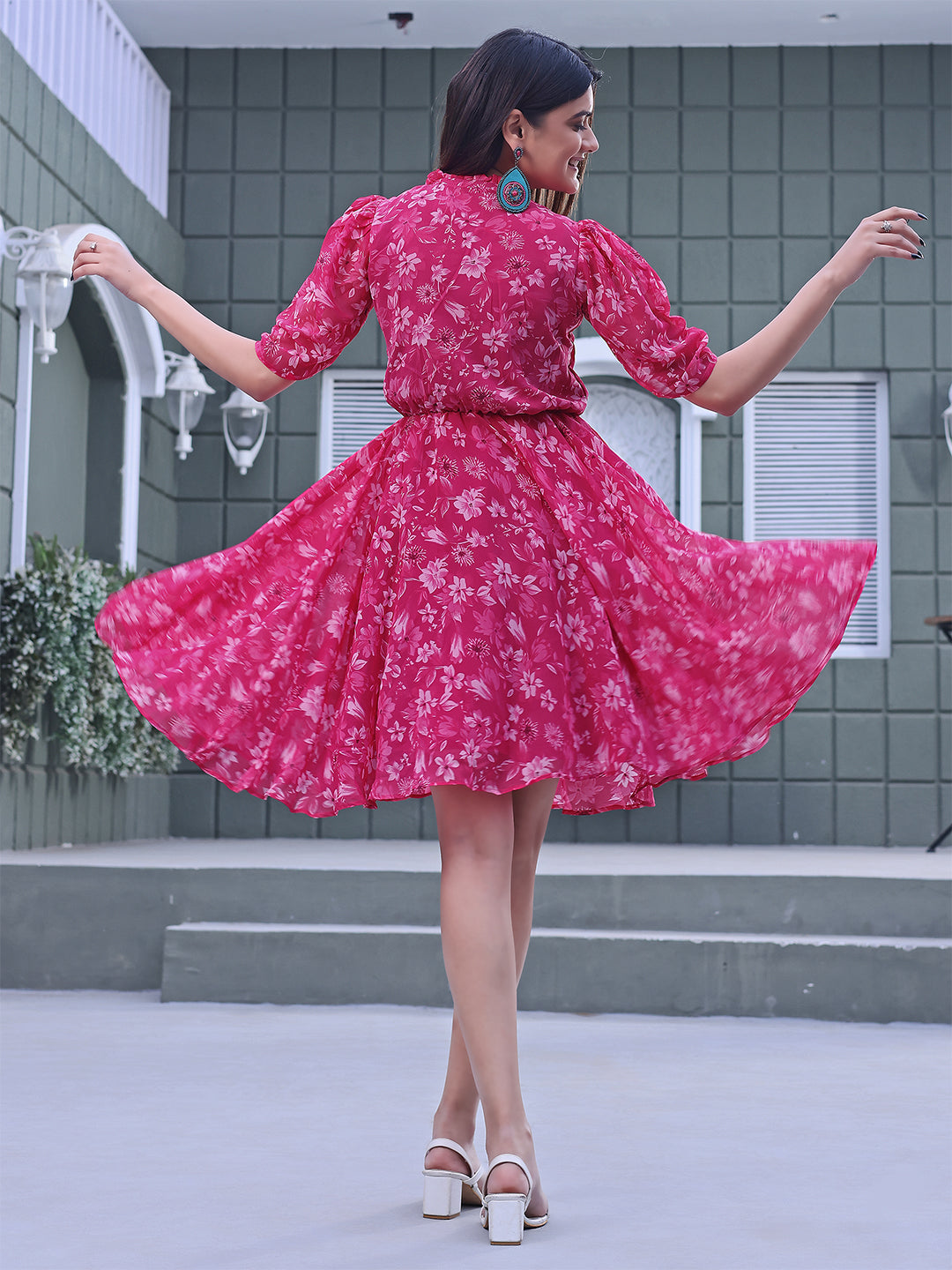 Women's Floral Puff Sleeve A-Line Dress – Knee-Length Casual Summer Wear