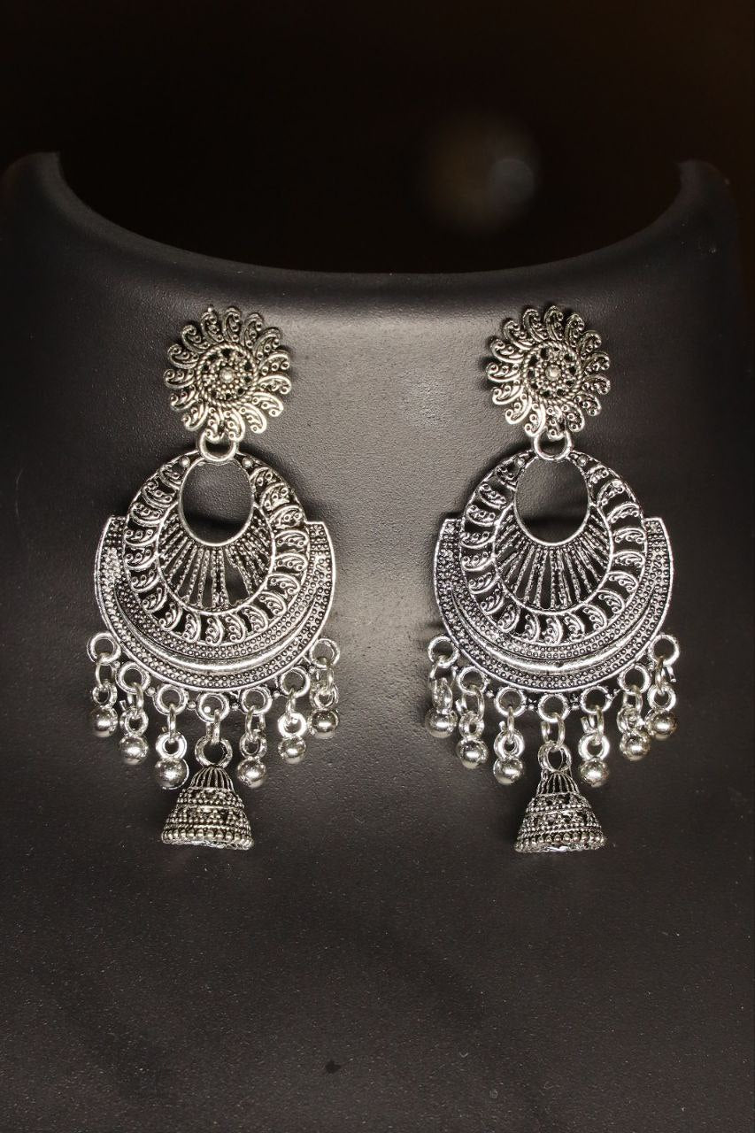Oxidised Silver Triangle Peacock Feather Jhumka Earrings for Women & Girls