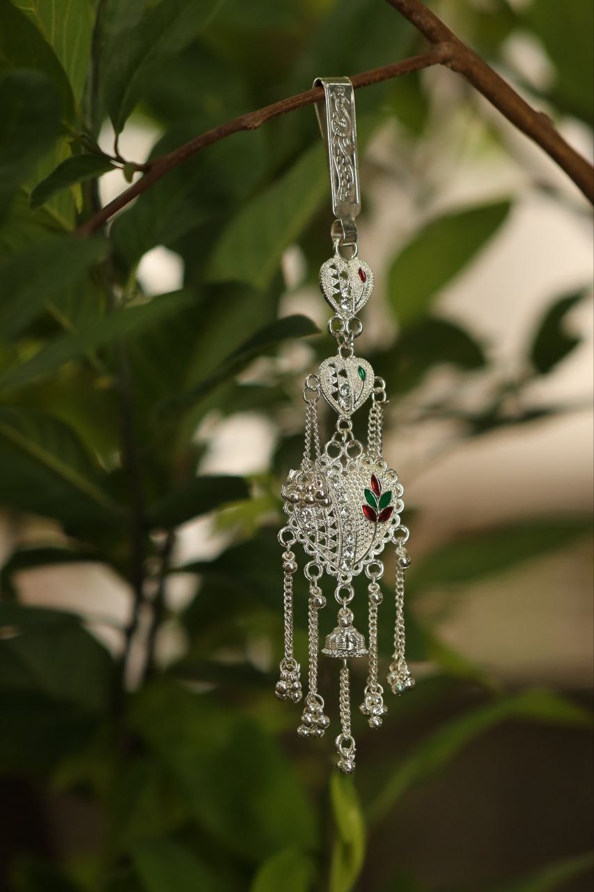 Oxidised Silver Dual Peacock Pendant with Color Enamel and Ghungroo Chains