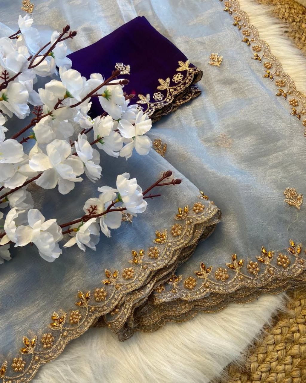 Elegant Light Pista Net Saree with Golden Embroidered Border & Contrast Green Blouse