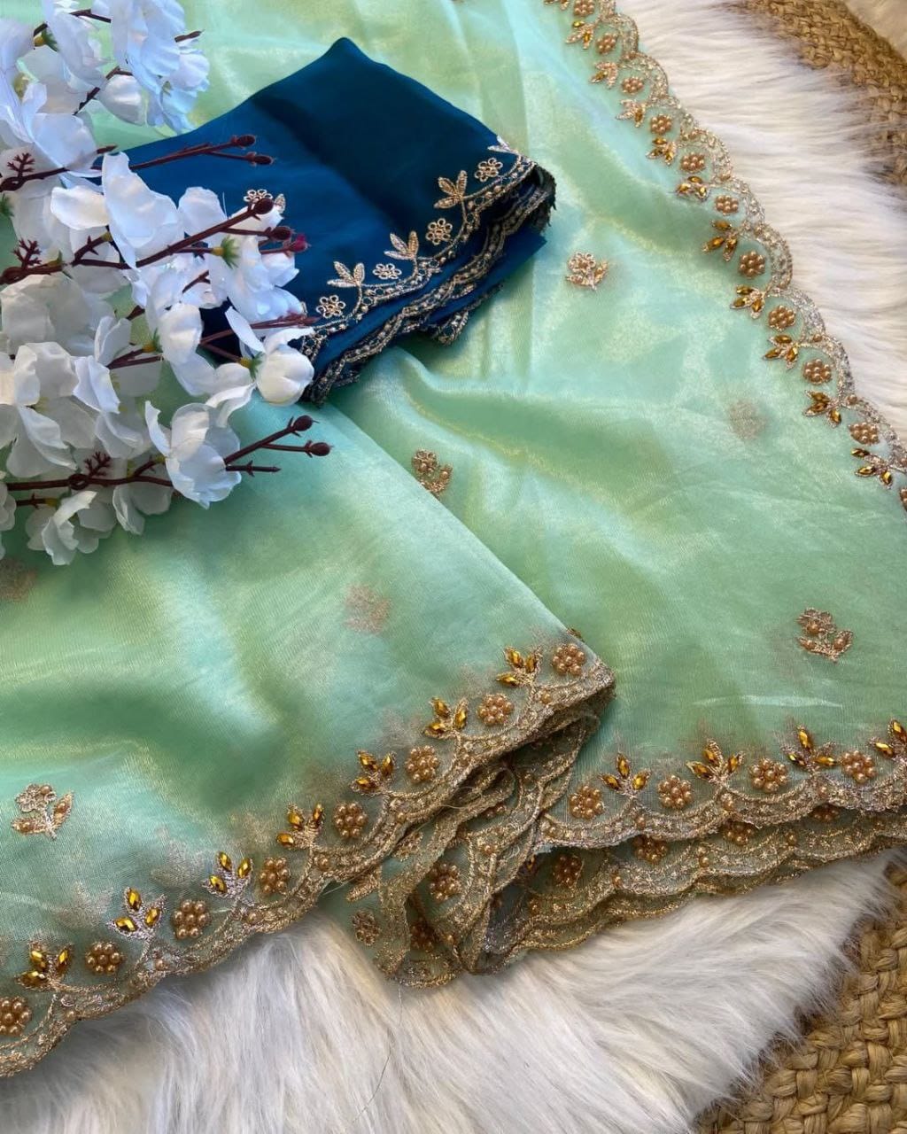 Elegant Light Pista Net Saree with Golden Embroidered Border & Contrast Green Blouse