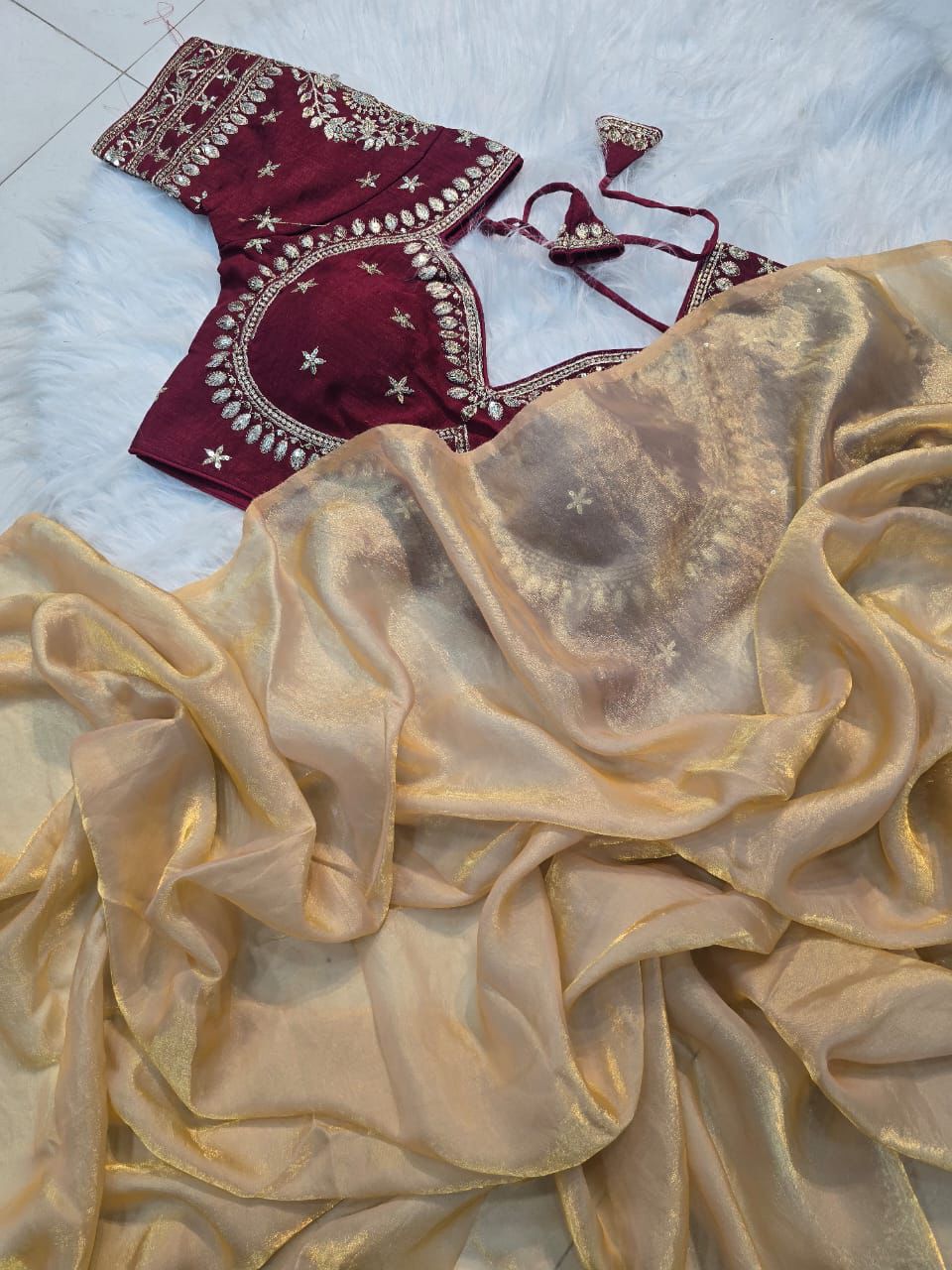 Space Silk Saree With Sequence Emrodairy Full Stiched Worked Blouse