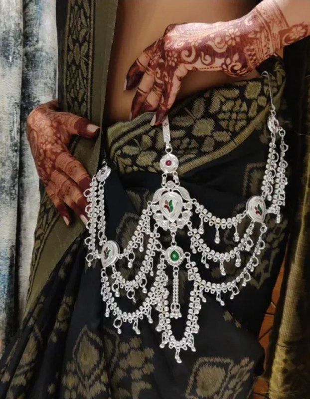 Bridal Oxidised Silver Multi-Layered Kamarbandh with Stone and Leaf Detailing