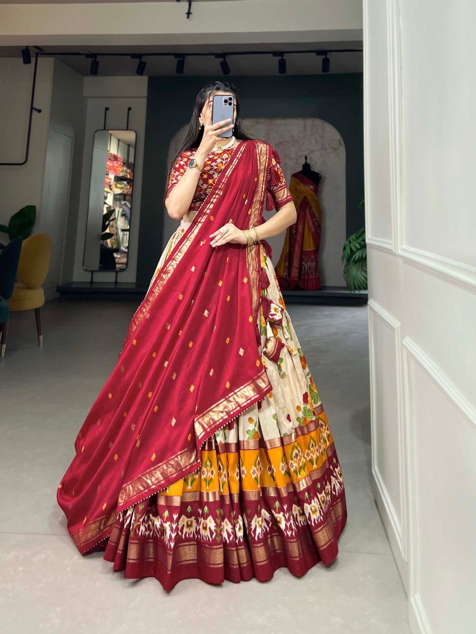 Elegant Floral Printed Lehenga Choli with Navy Blue Dupatta – Ethnic Festive Wear