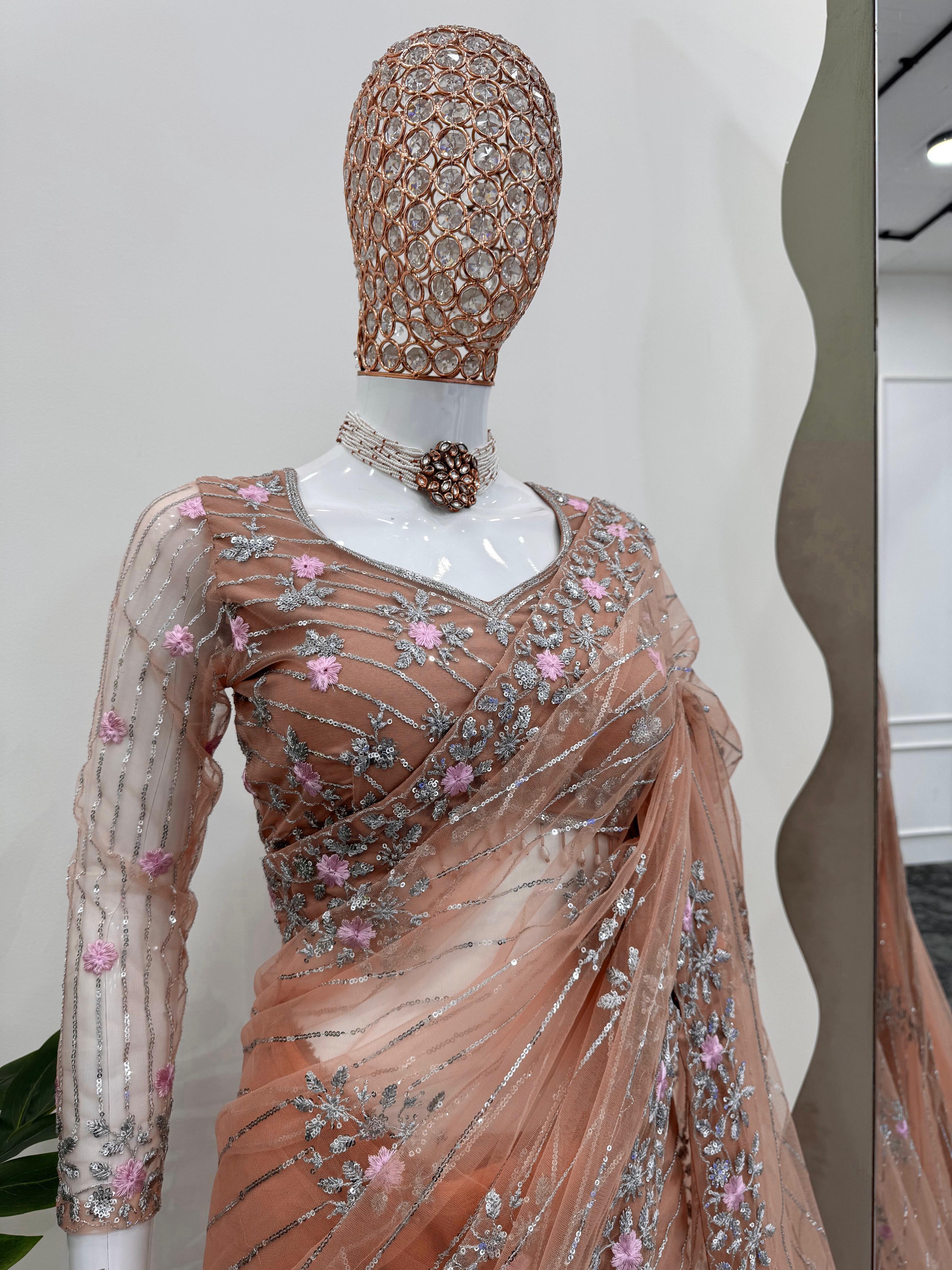 Peach Blush Embroidered Net Saree with Sequin and Floral Detailing
