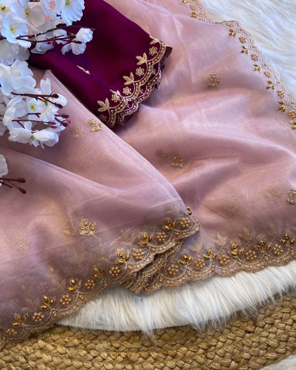 Elegant Light Pista Net Saree with Golden Embroidered Border & Contrast Green Blouse