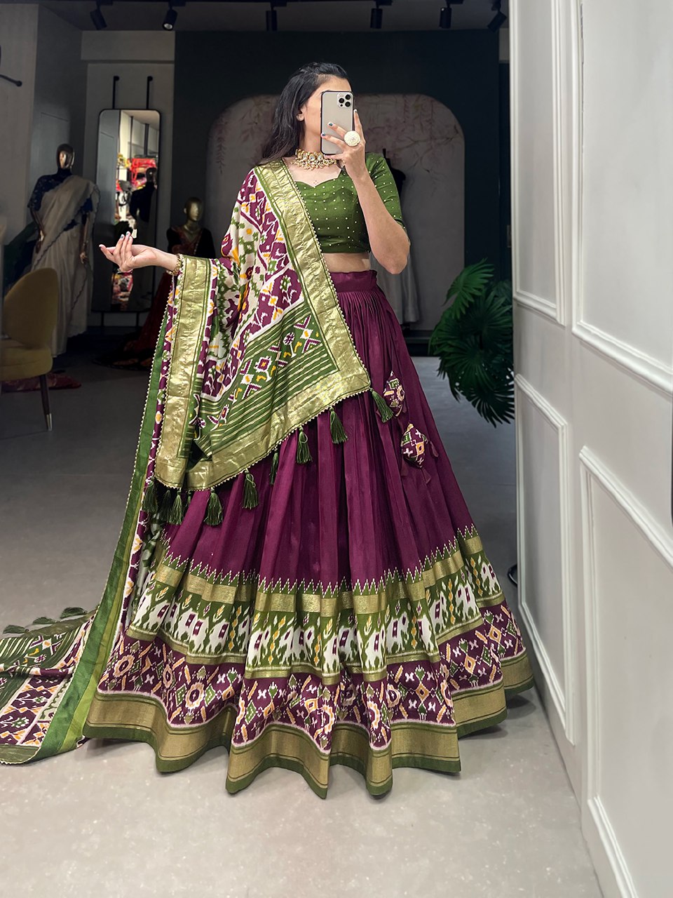 Elegant Green and Purple Ikat Lehenga Choli with Dupatta – Traditional Festive Wear
