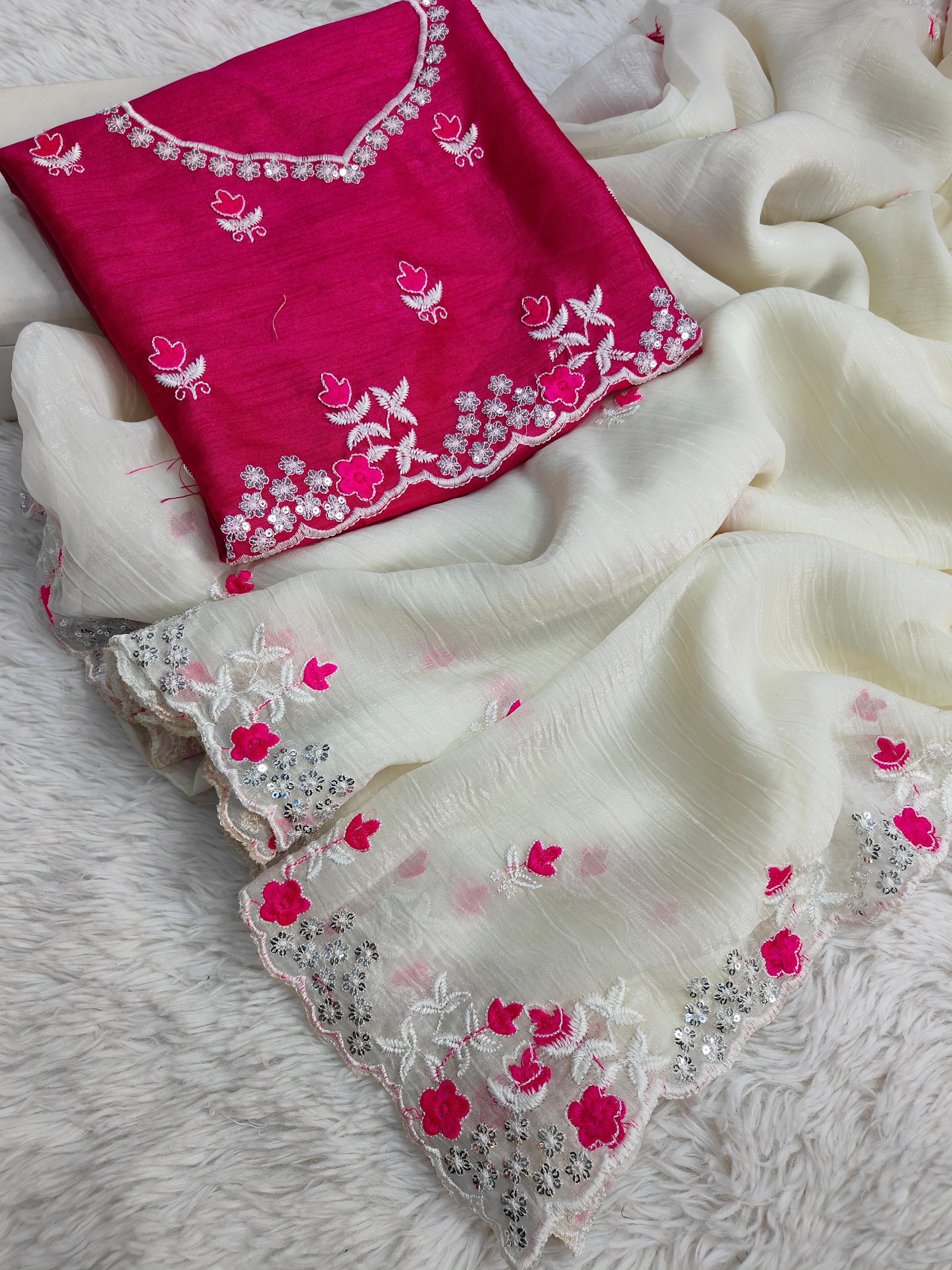 Pure crunchy silk fabric multi thread embroidery work with arc cutting border