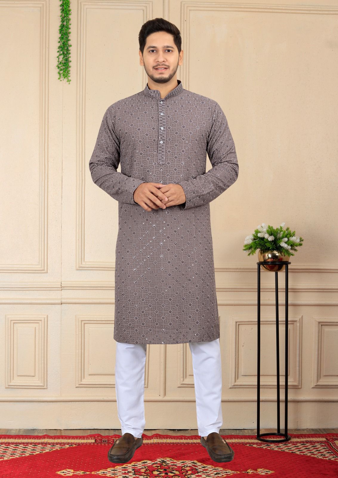 Men's Embroidered Brown Kurta with White Pajama - Traditional Ethnic Wear