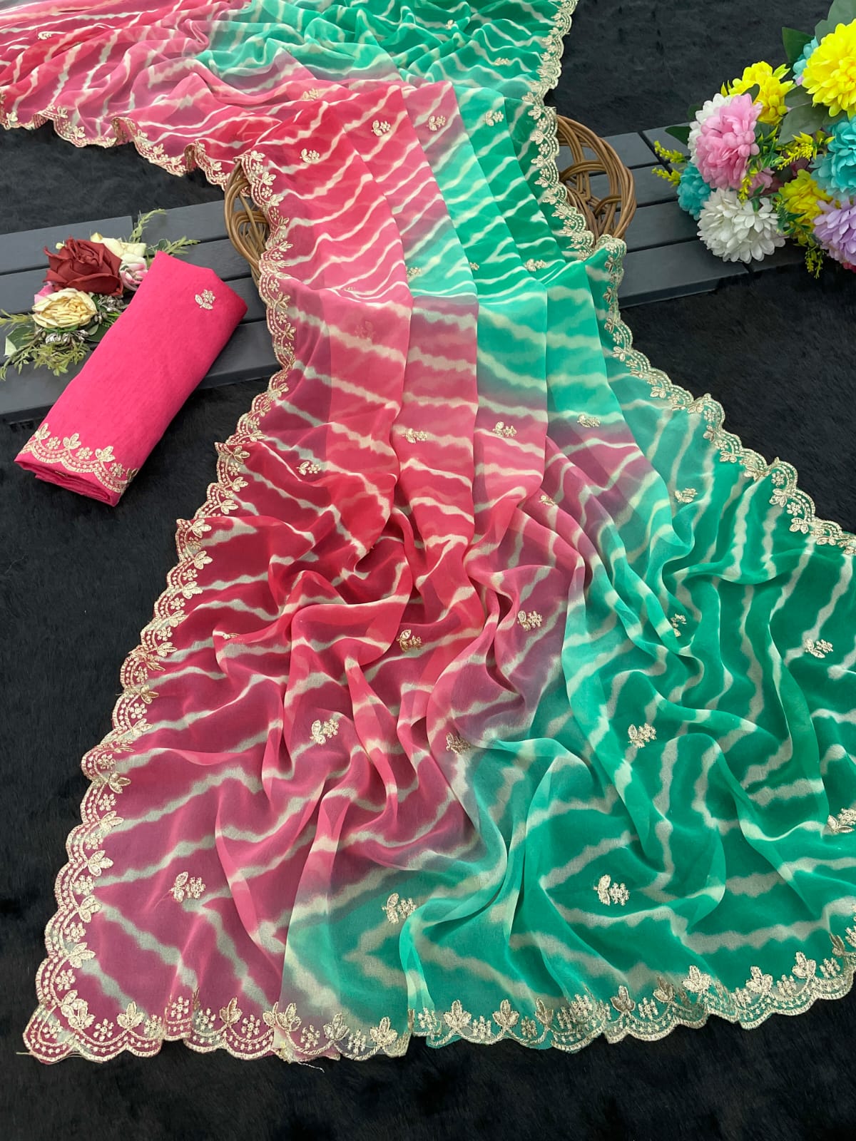 Orange & Pink Shaded Tie-Dye Georgette Saree with Embroidery Border