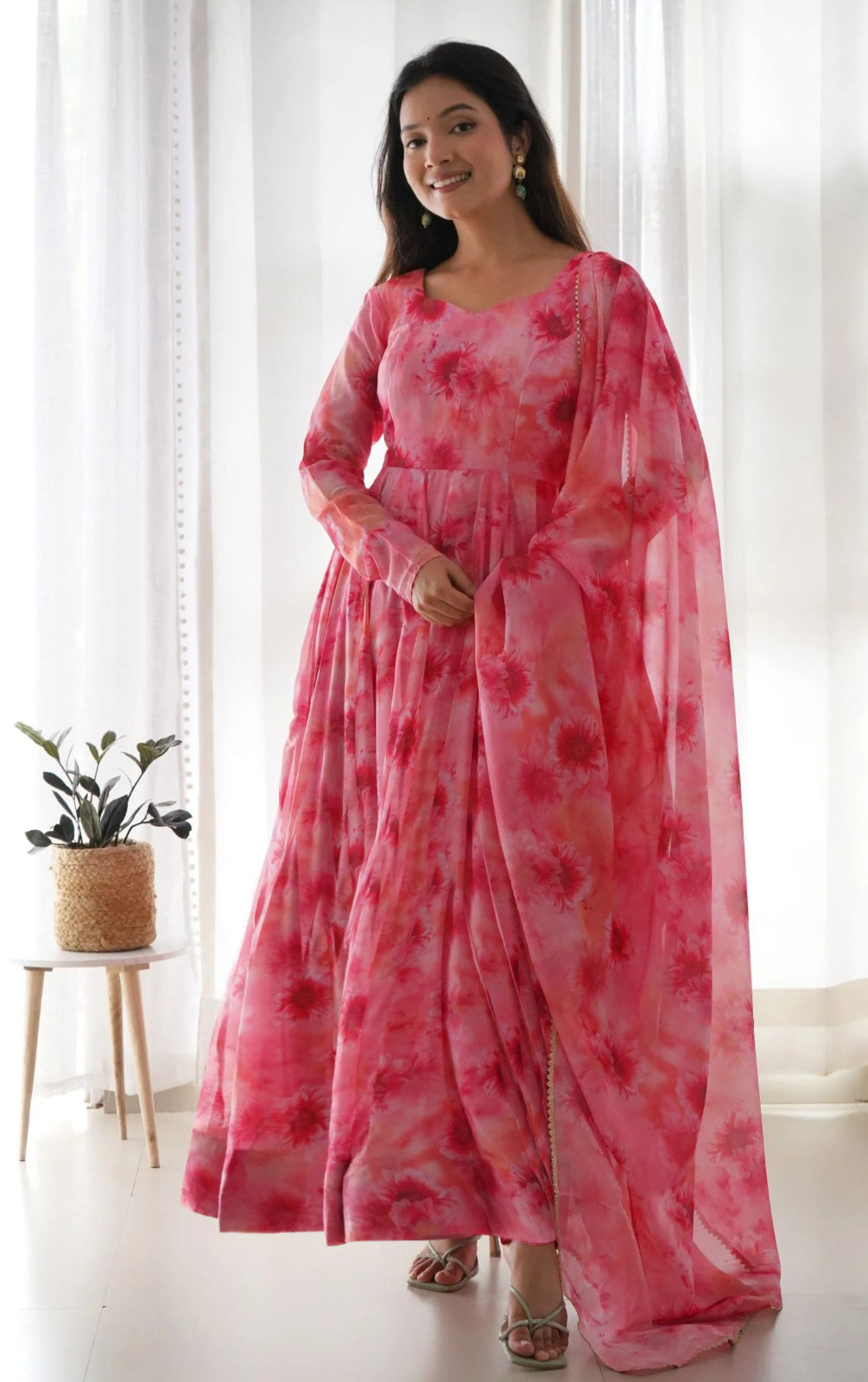 Printed Georgette Stitched Anarkali Gown With Dupatta