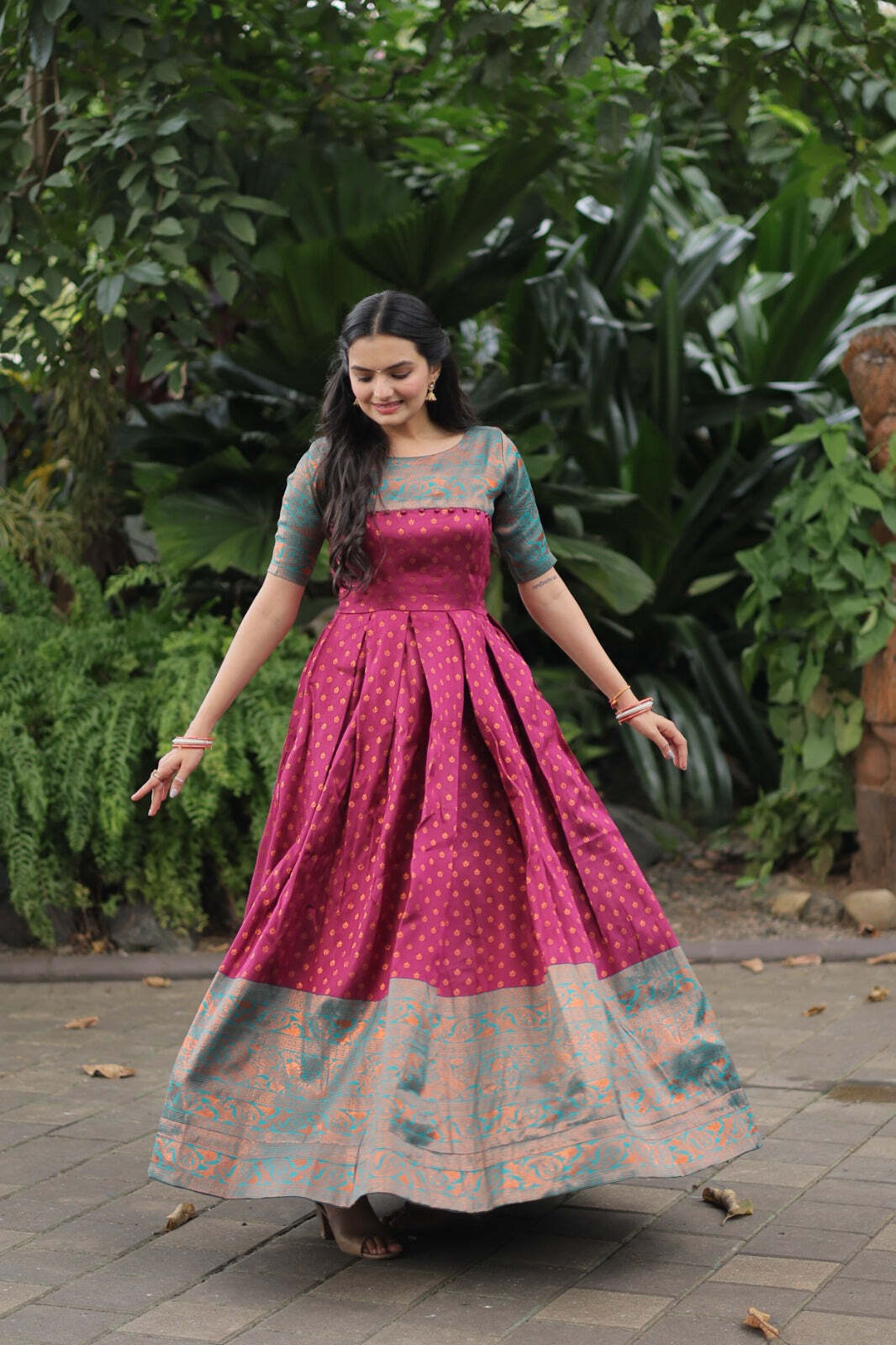 Women Woven Jacquard Stitched Anarkali Gown