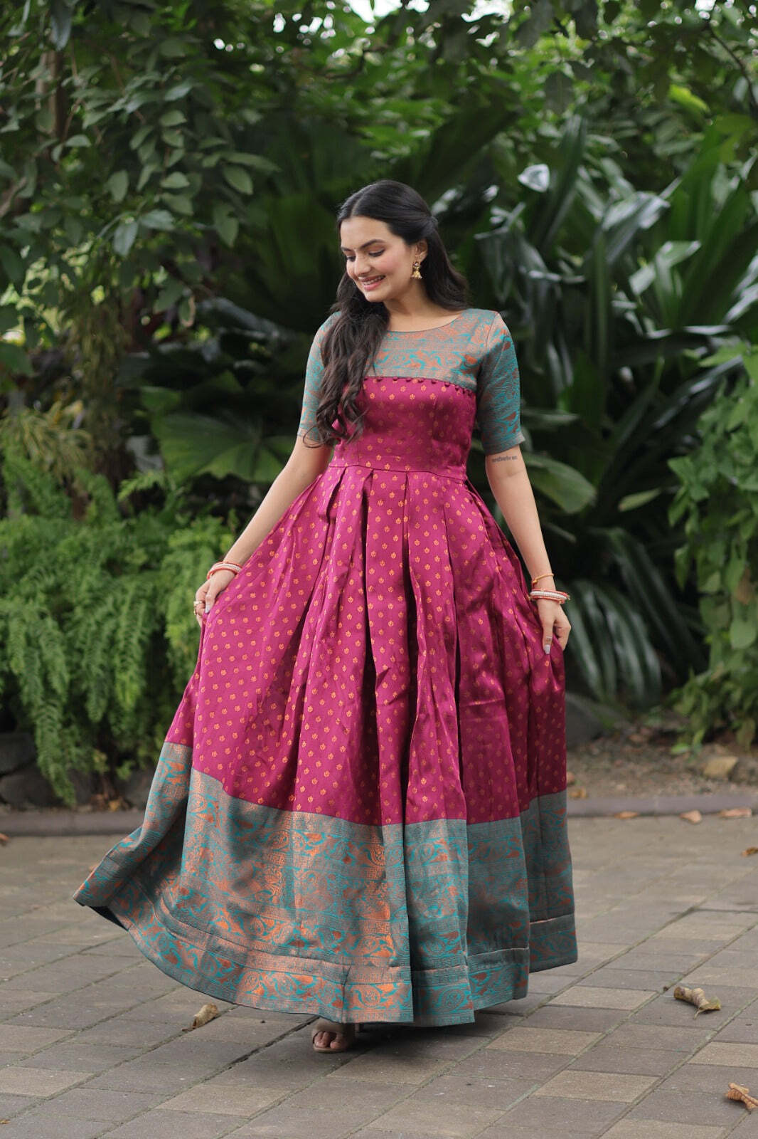 Women Woven Jacquard Stitched Anarkali Gown