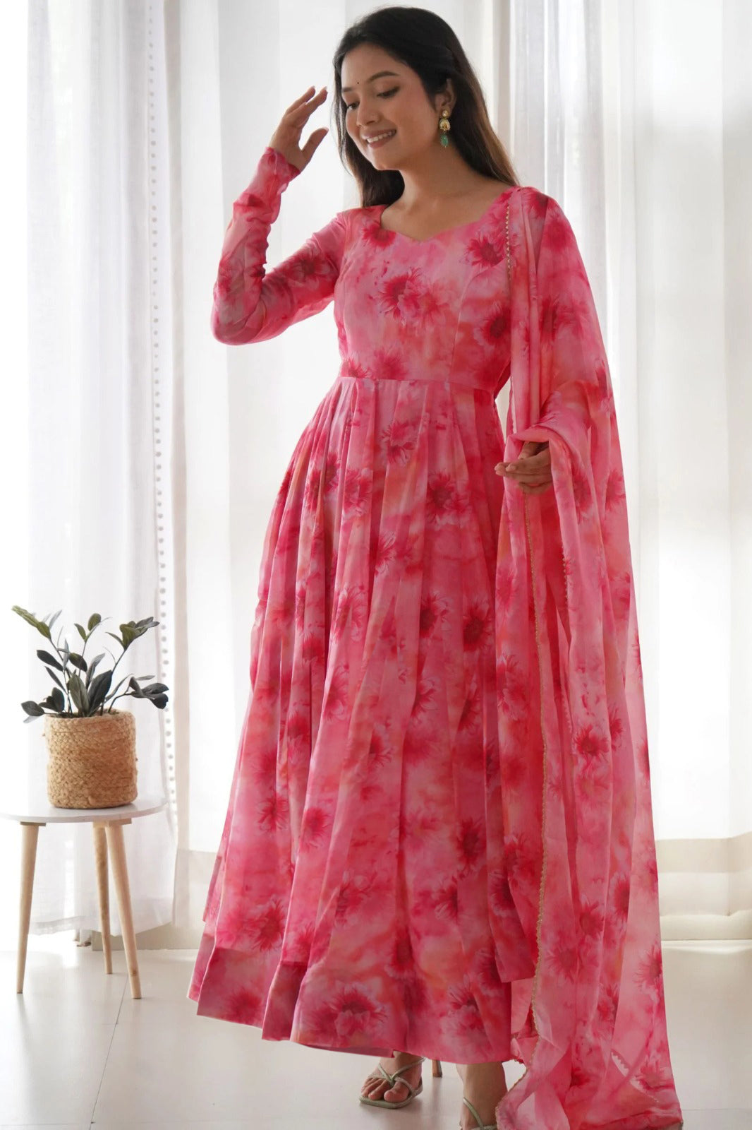 Printed Georgette Stitched Anarkali Gown With Dupatta