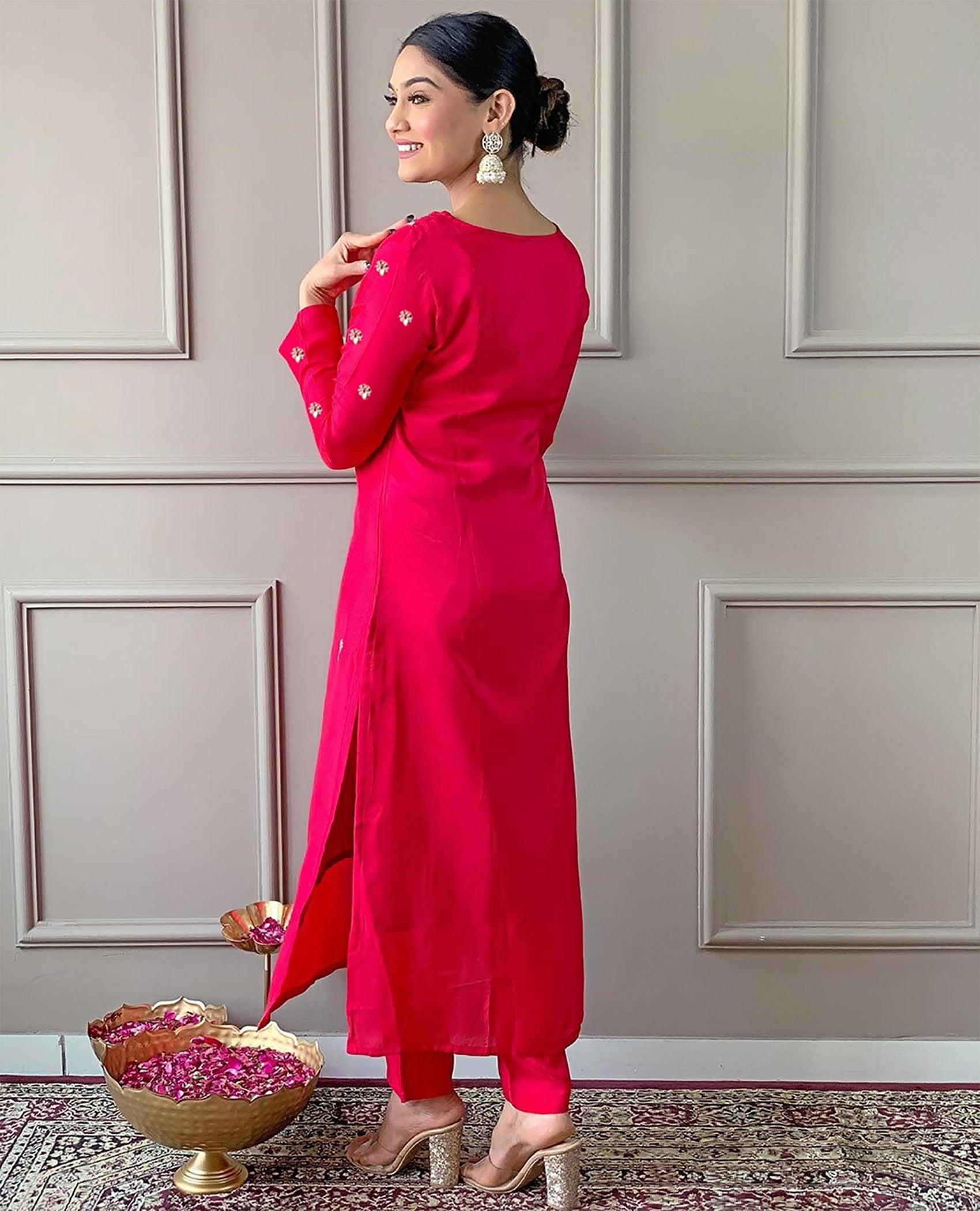 Elegant Pink Embroidered Straight Kurta Set with Multicolor Chevron Dupatta