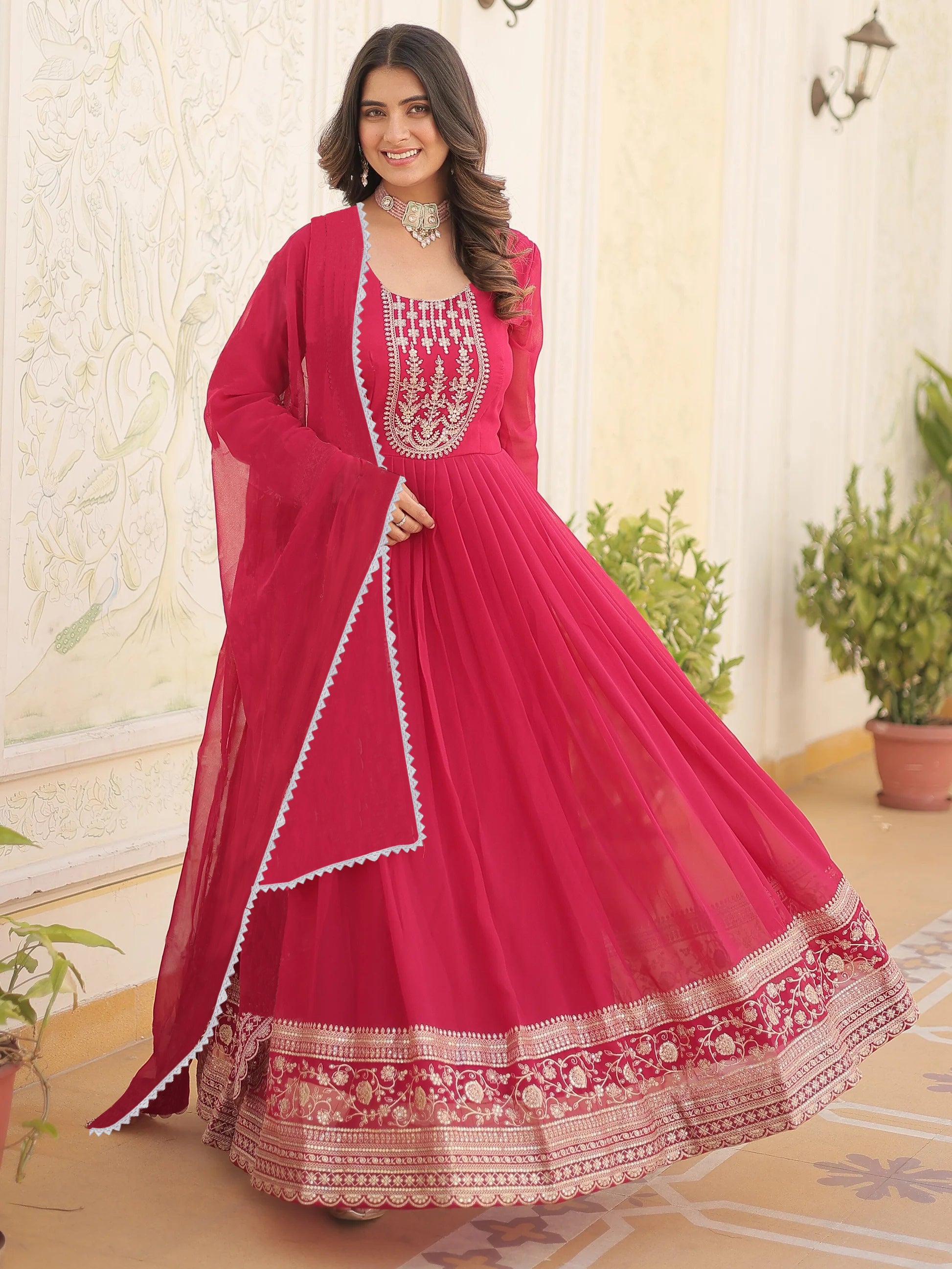Embroidered Georgette Stitched Anarkali Gown With Dupatta