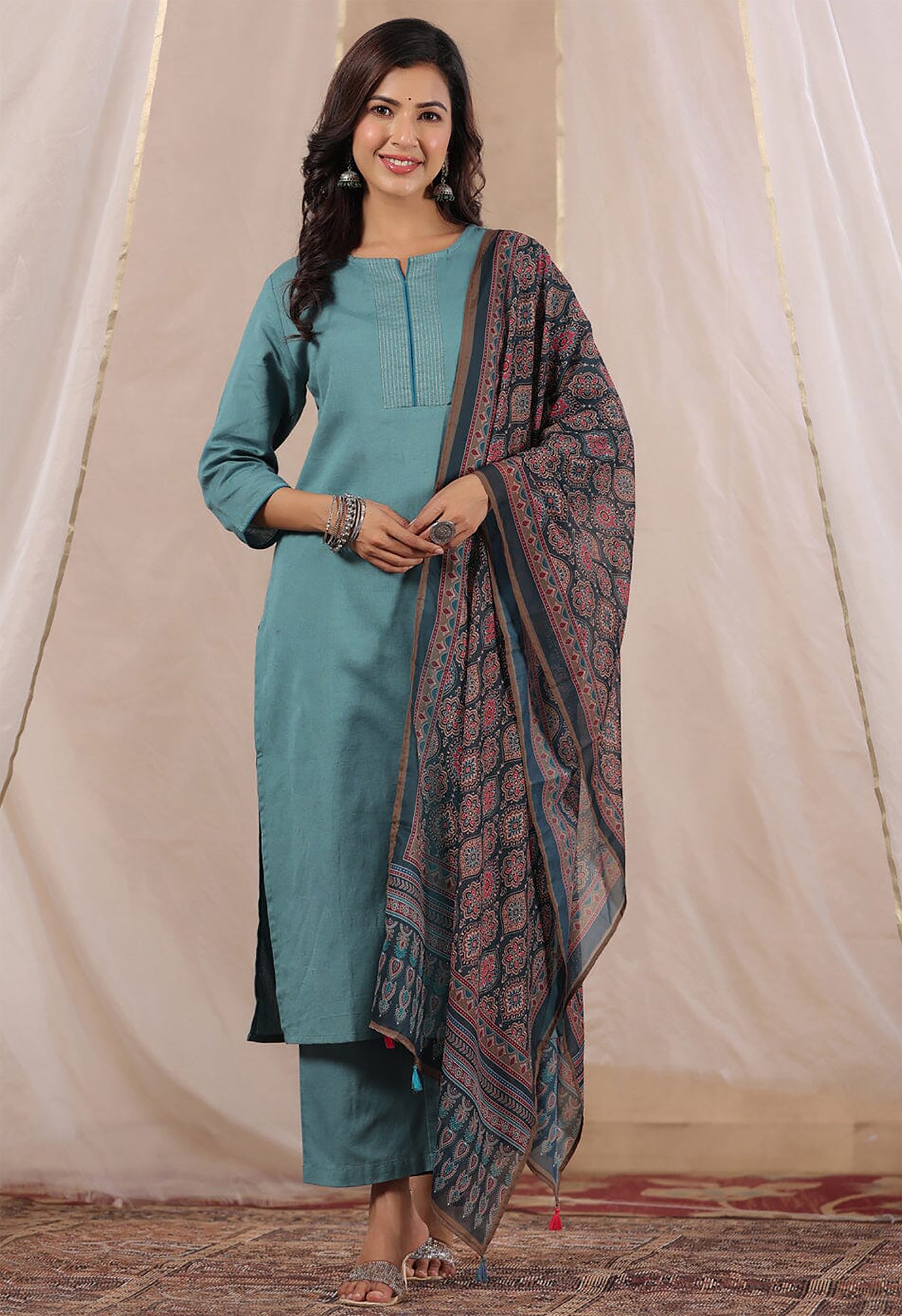 Teal Blue Solid Straight Kurta with Printed Dupatta and Pants Set for Women
