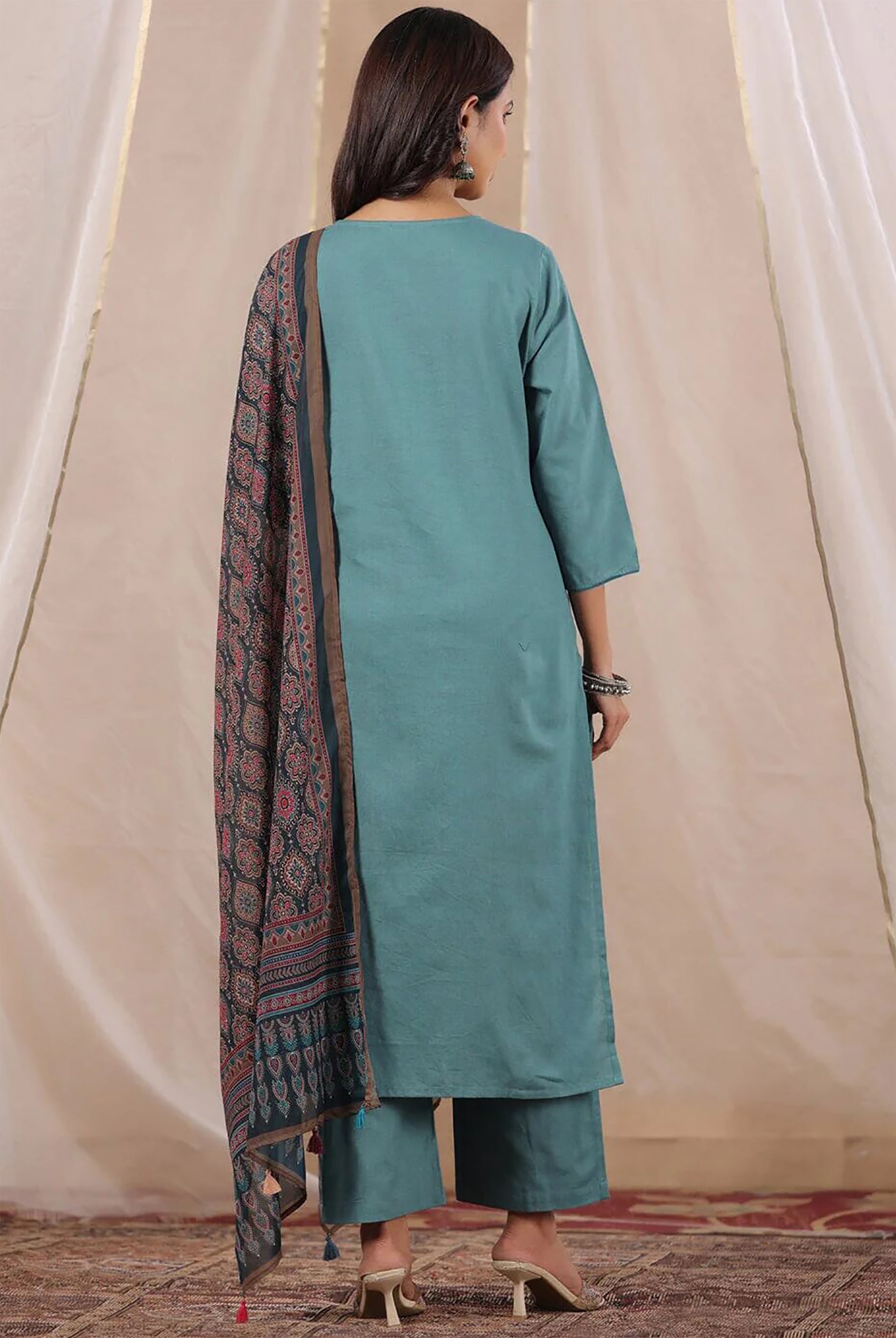 Teal Blue Solid Straight Kurta with Printed Dupatta and Pants Set for Women
