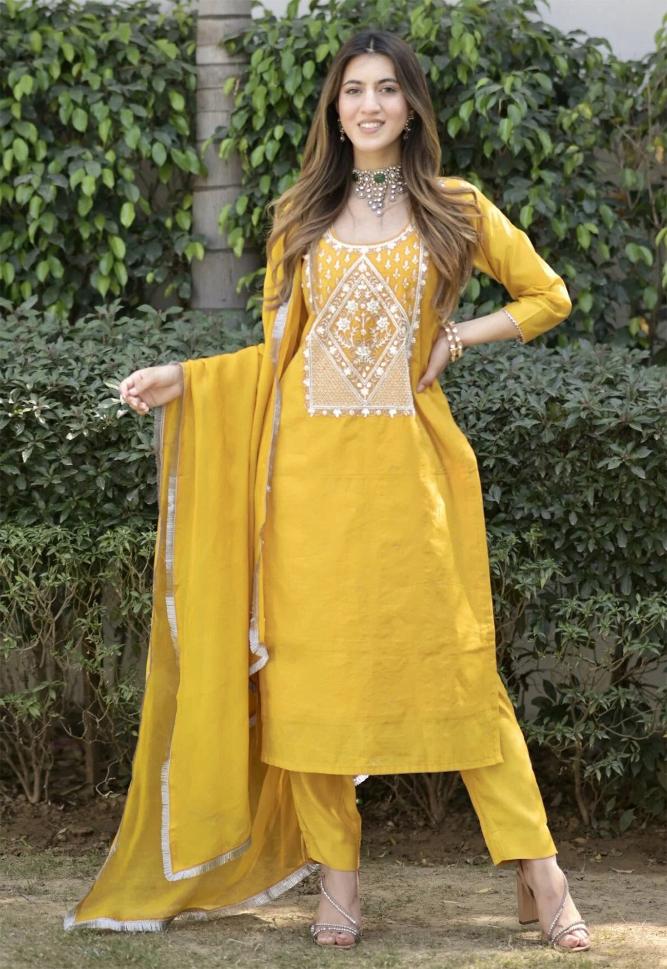 Mustard Yellow Embroidered Malhar Cotton Suit Set with Dupatta