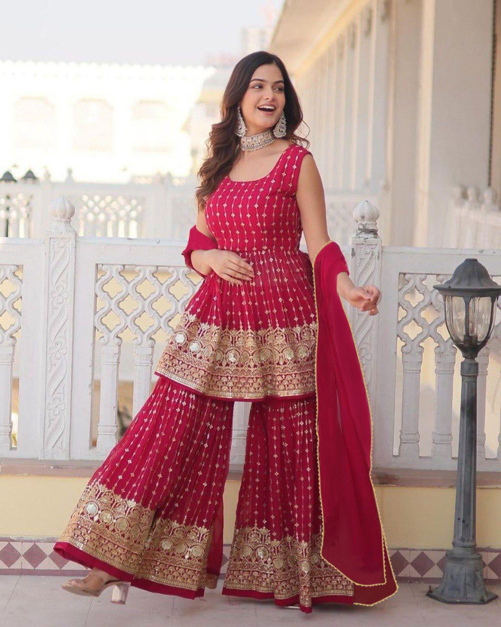 Designer Pink Peplum Kurti with Sharara Set Featuring Heavy Golden Embroidery and Dupatta