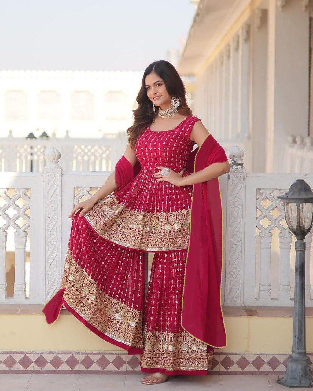 Designer Pink Peplum Kurti with Sharara Set Featuring Heavy Golden Embroidery and Dupatta