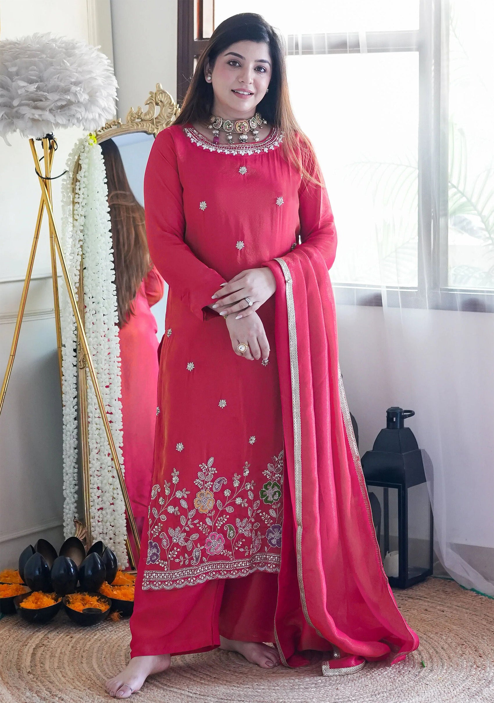 Elegant Pink Embroidered Kurta Set with Dupatta