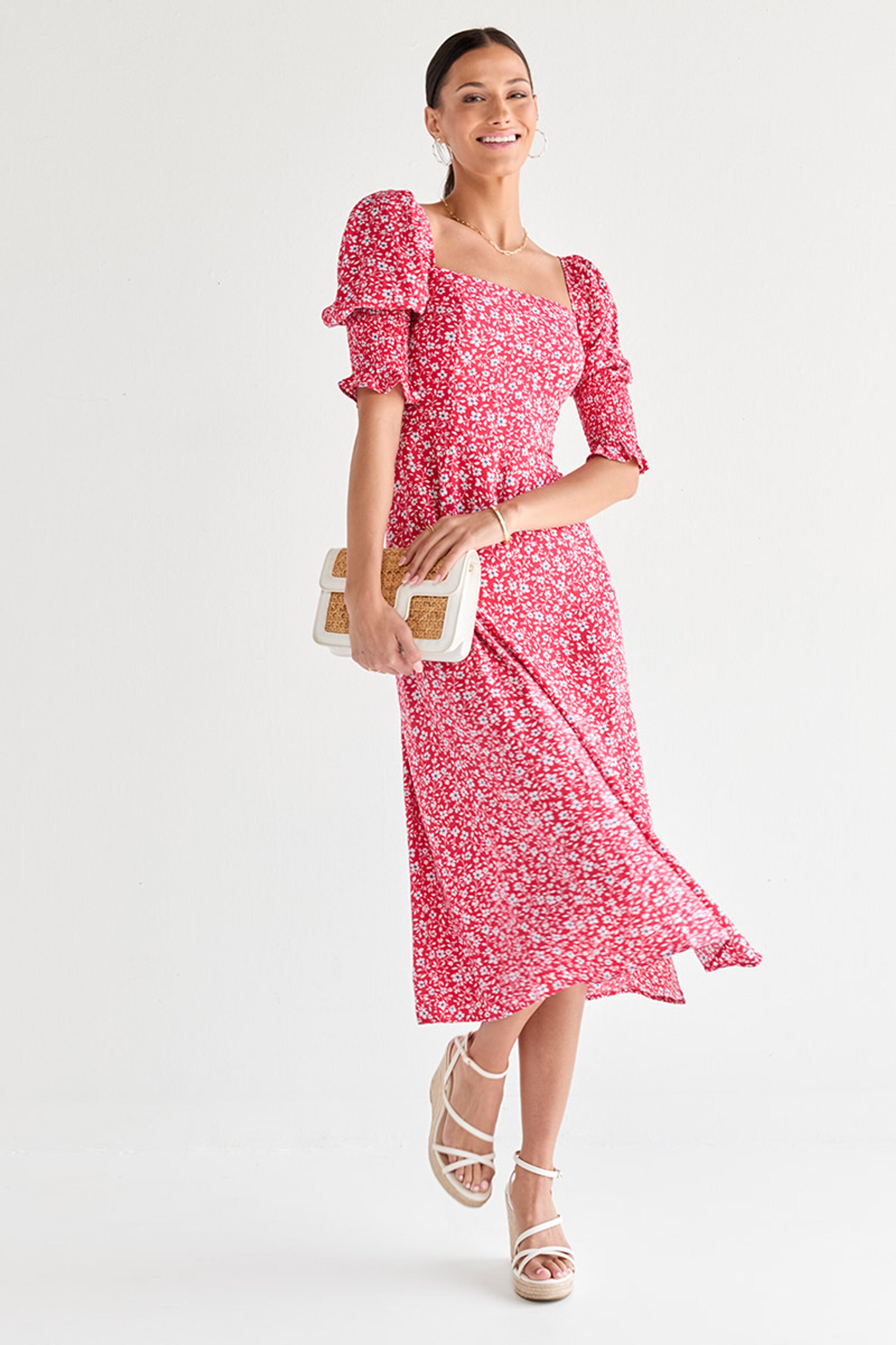 Floral Puff Sleeve Smocked Midi Dress - Red