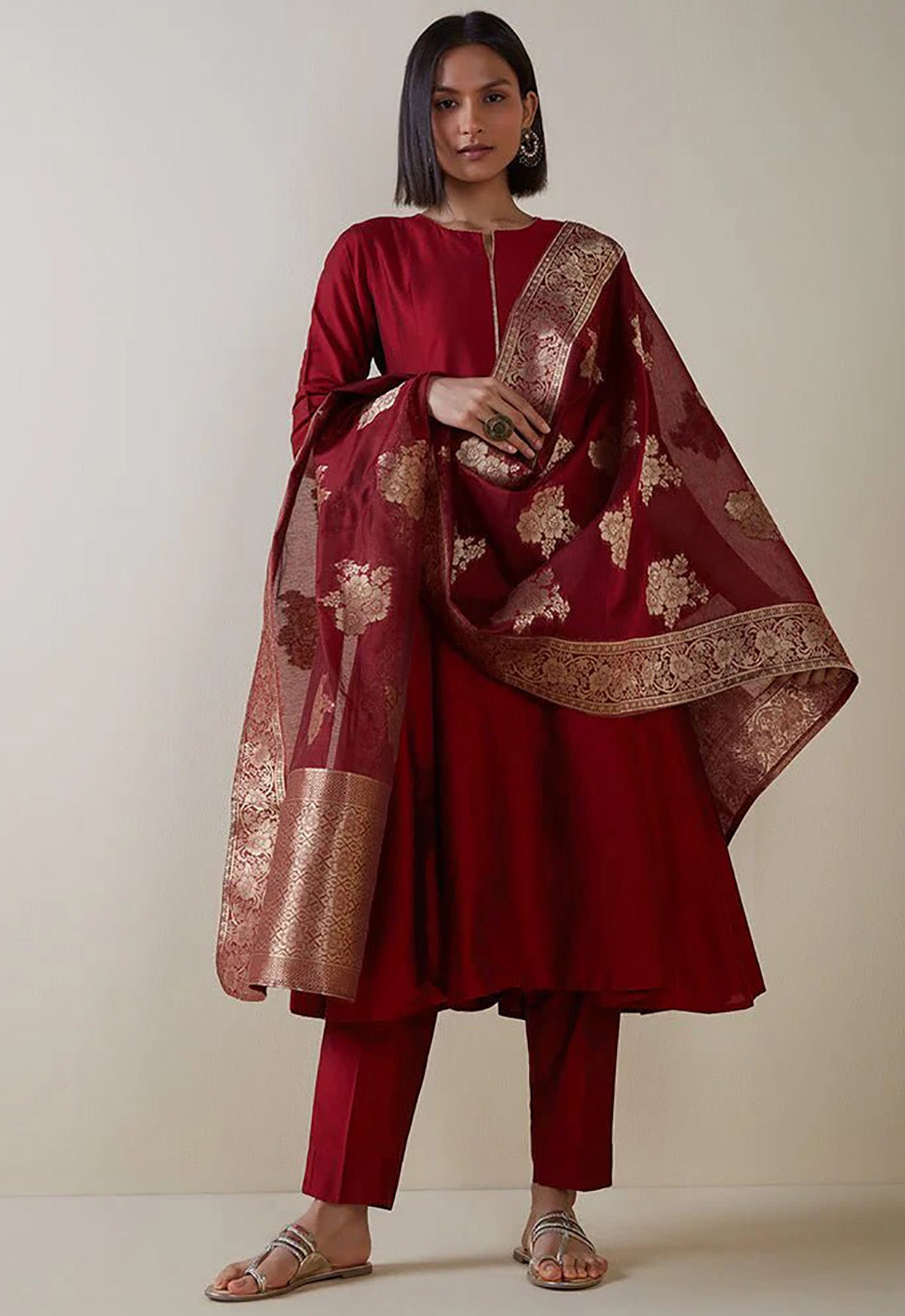 Maroon Afghani Suit Set with Banarasi Dupatta – Elegant Ethnic Wear for Women