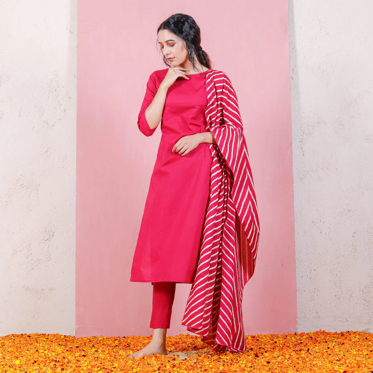 Women's Coral Pink Solid Kurta Set with Striped Dupatta