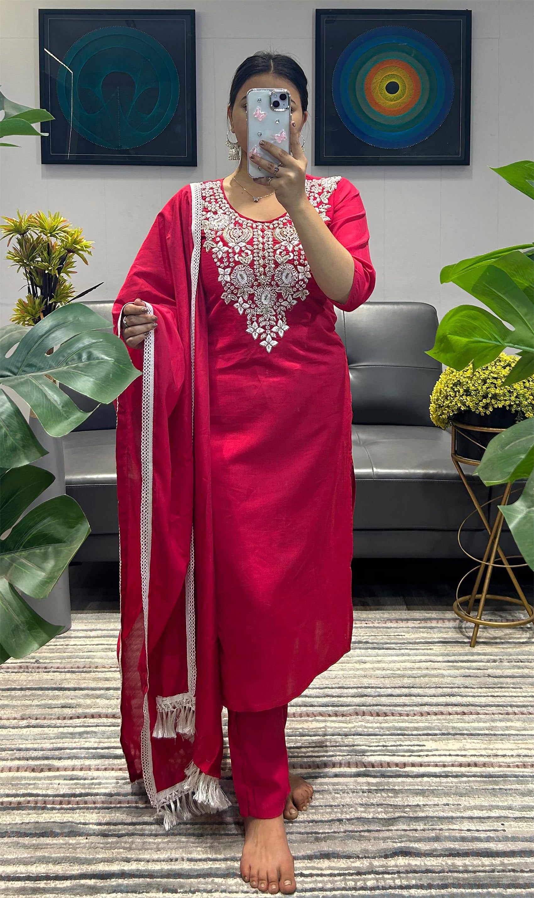 Women's Pink Embroidered Cotton Kurta Set with Dupatta – Ethnic Wear